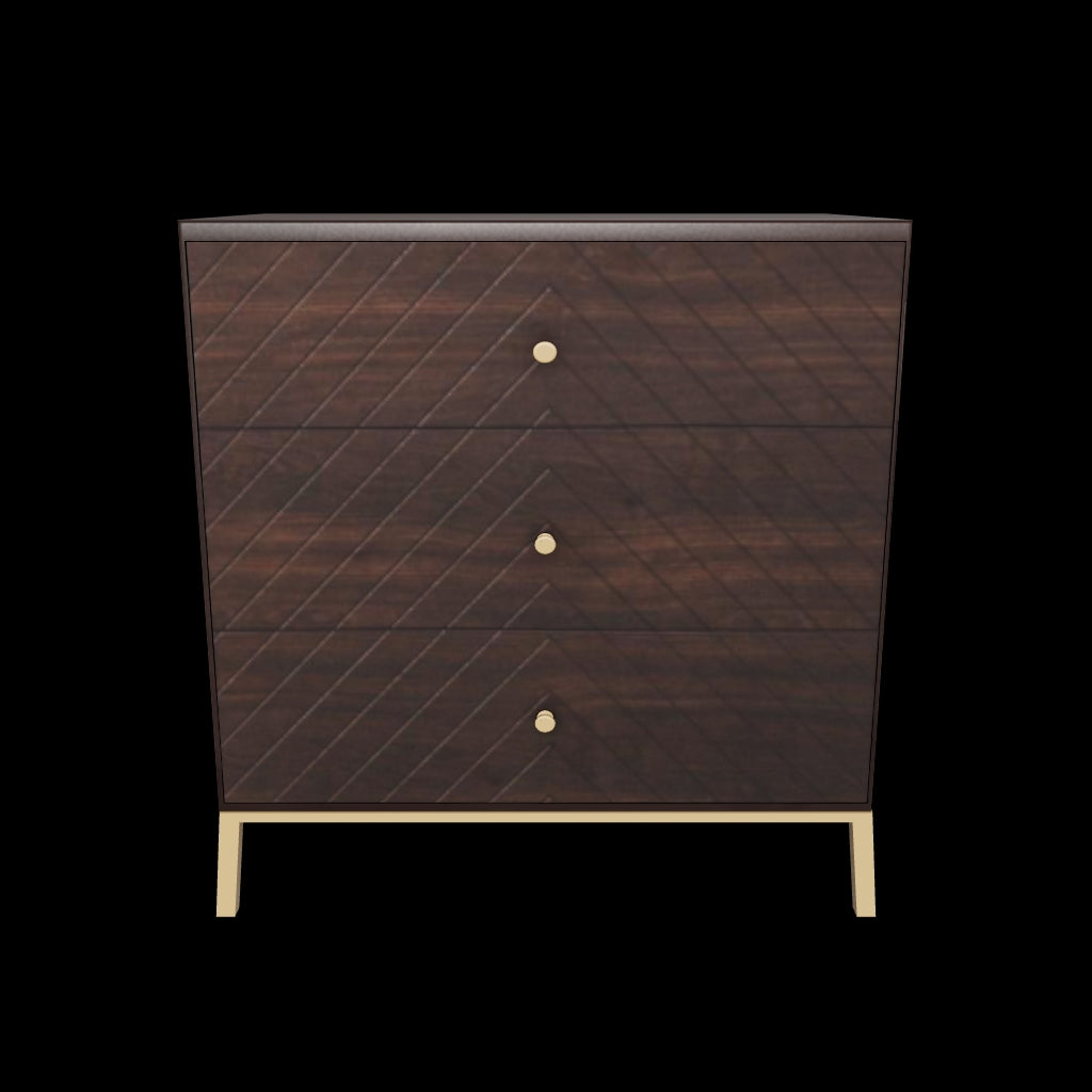 Wooden chest of drawers featuring chevron pattern in brown with brass accents, handcrafted furniture piece