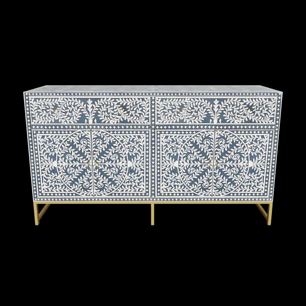 Handcrafted Navy Blue Bone Inlay Sideboard with intricate Bone Inlay, featuring floral pattern and sleek metal legs. A luxurious storage solution for any space.