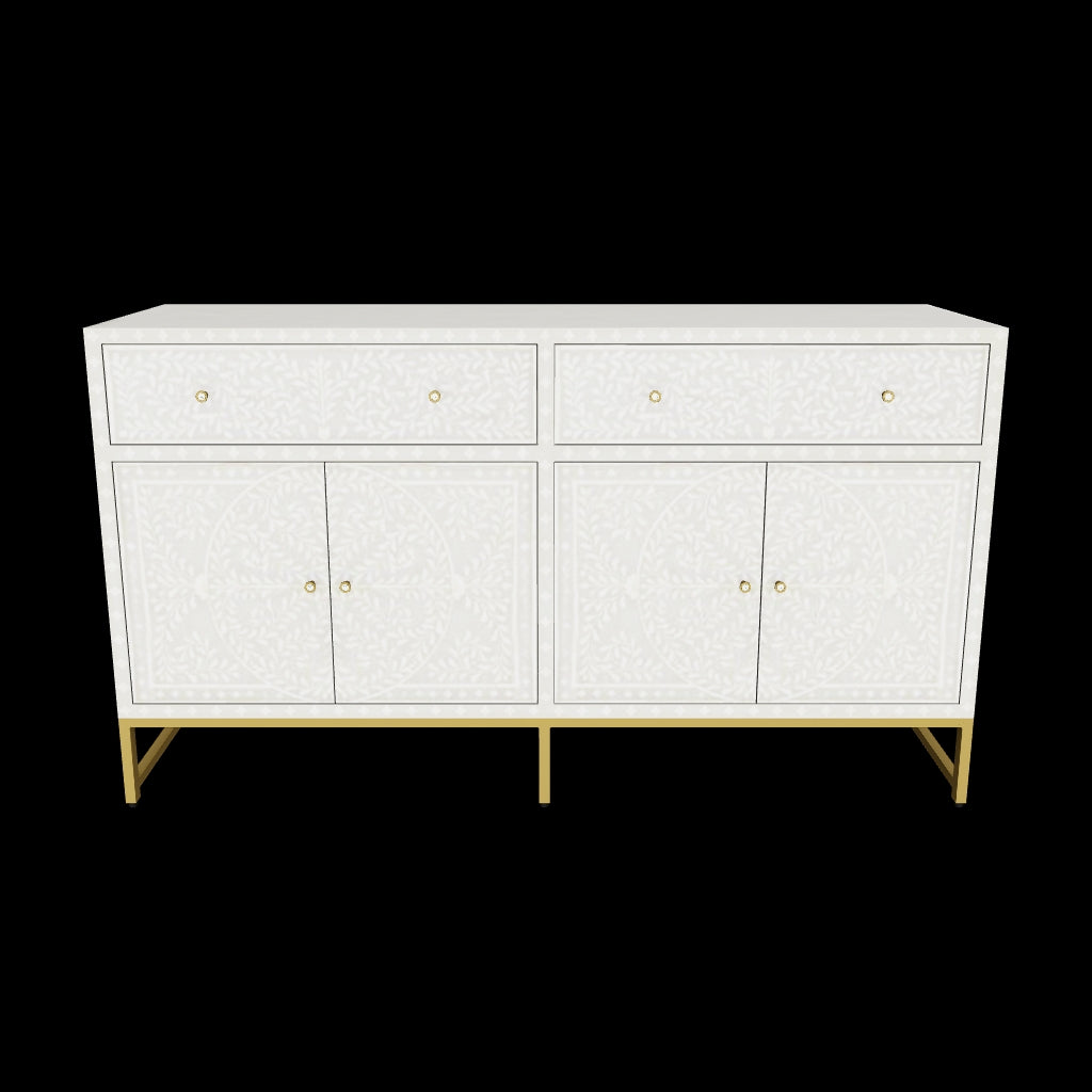 Handcrafted Pale Grey Bone Inlay Sideboard with intricate Bone Inlay, featuring floral pattern and sleek metal legs. A luxurious storage solution for any space.