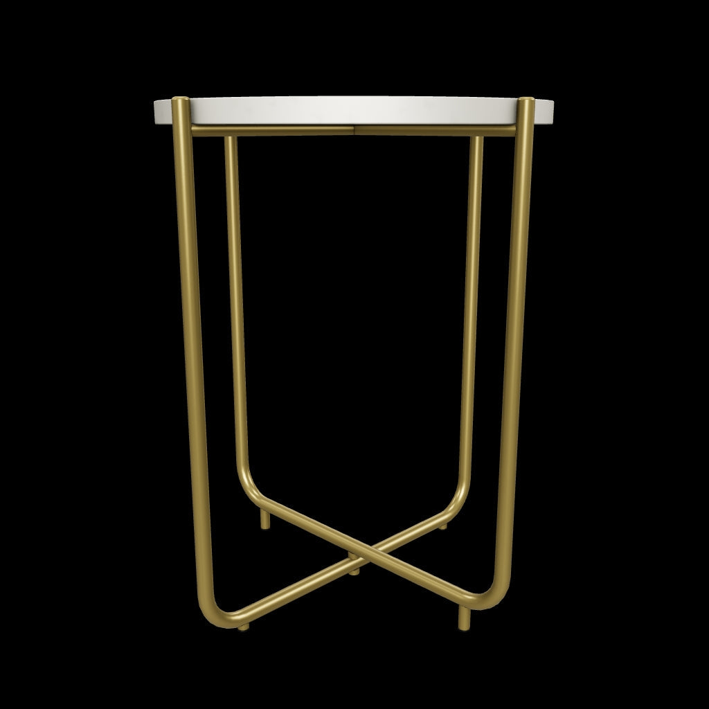 Marble side table featuring round white top with brass metal base, handcrafted furniture piece