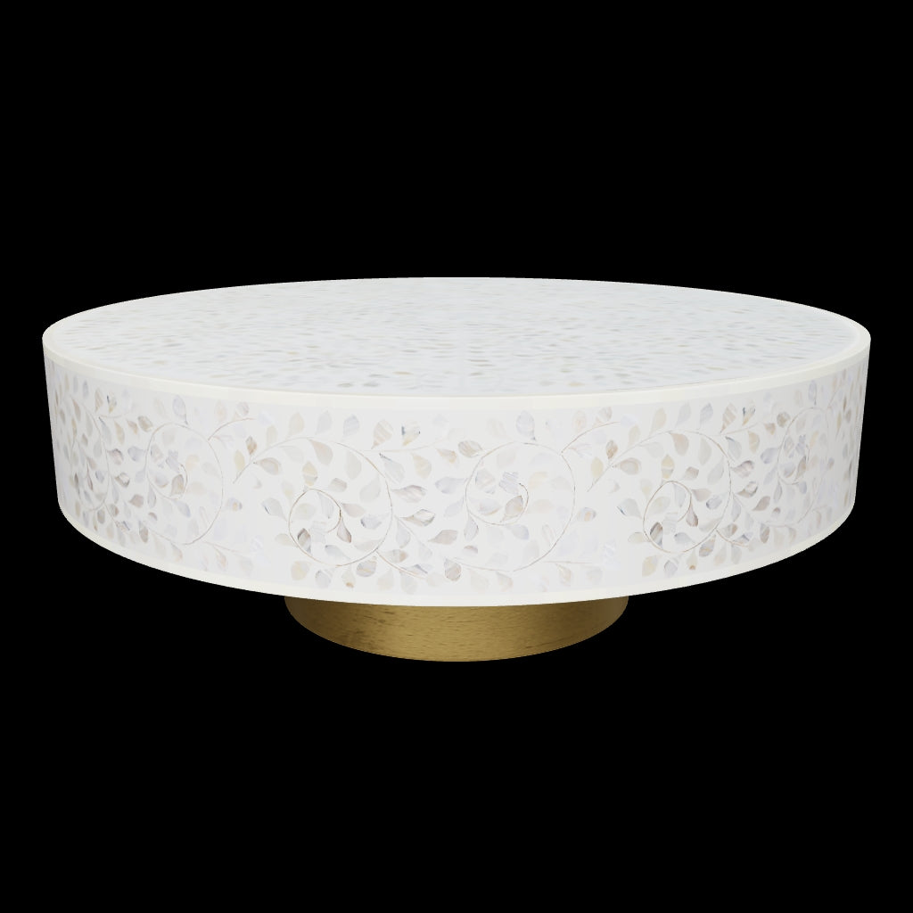 Round white mother of pearl inlay coffee table with floral design and a gold cylindrical base. Available in 3 size variants.