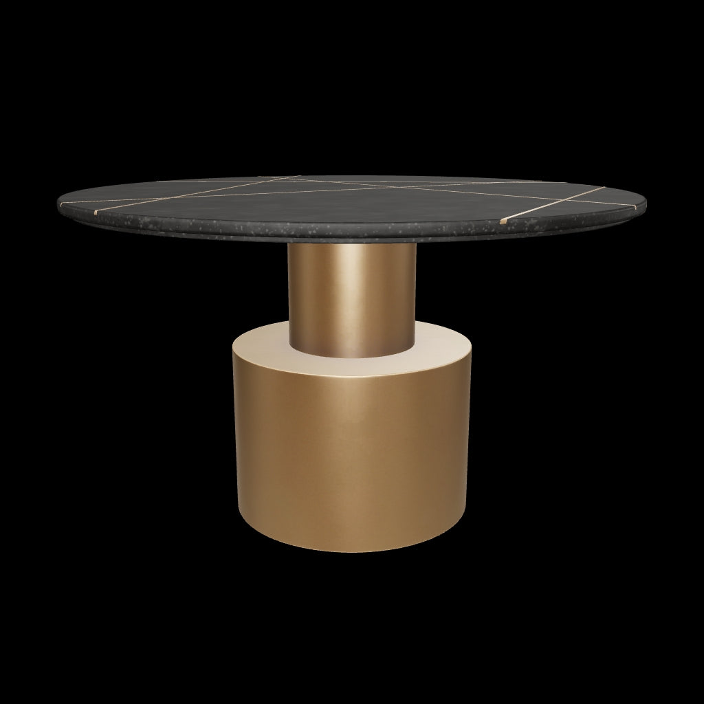 Manzil Coffee Table in grey bone inlay with golden base, handcrafted with bold striped design, size 100x100x45 cm.