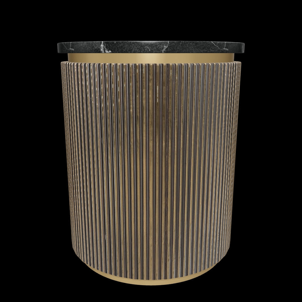 Brass clad side table featuring fluted texture with black marble top, handcrafted furniture piece