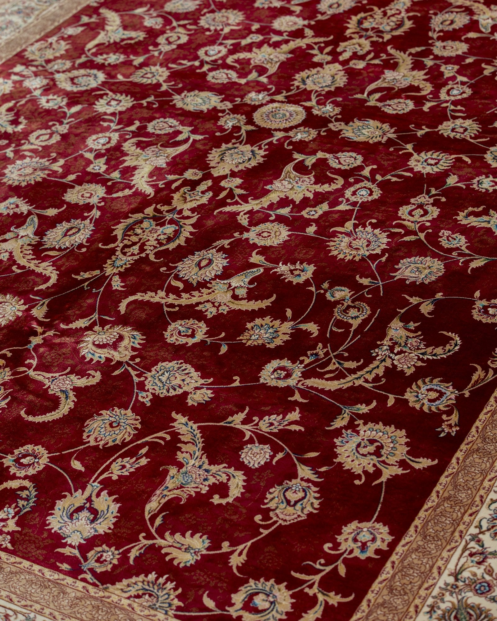 Ravenna silk carpet floral motif close-up in crimson red, 200 x 300 cm - Tabeer Homes Dubai