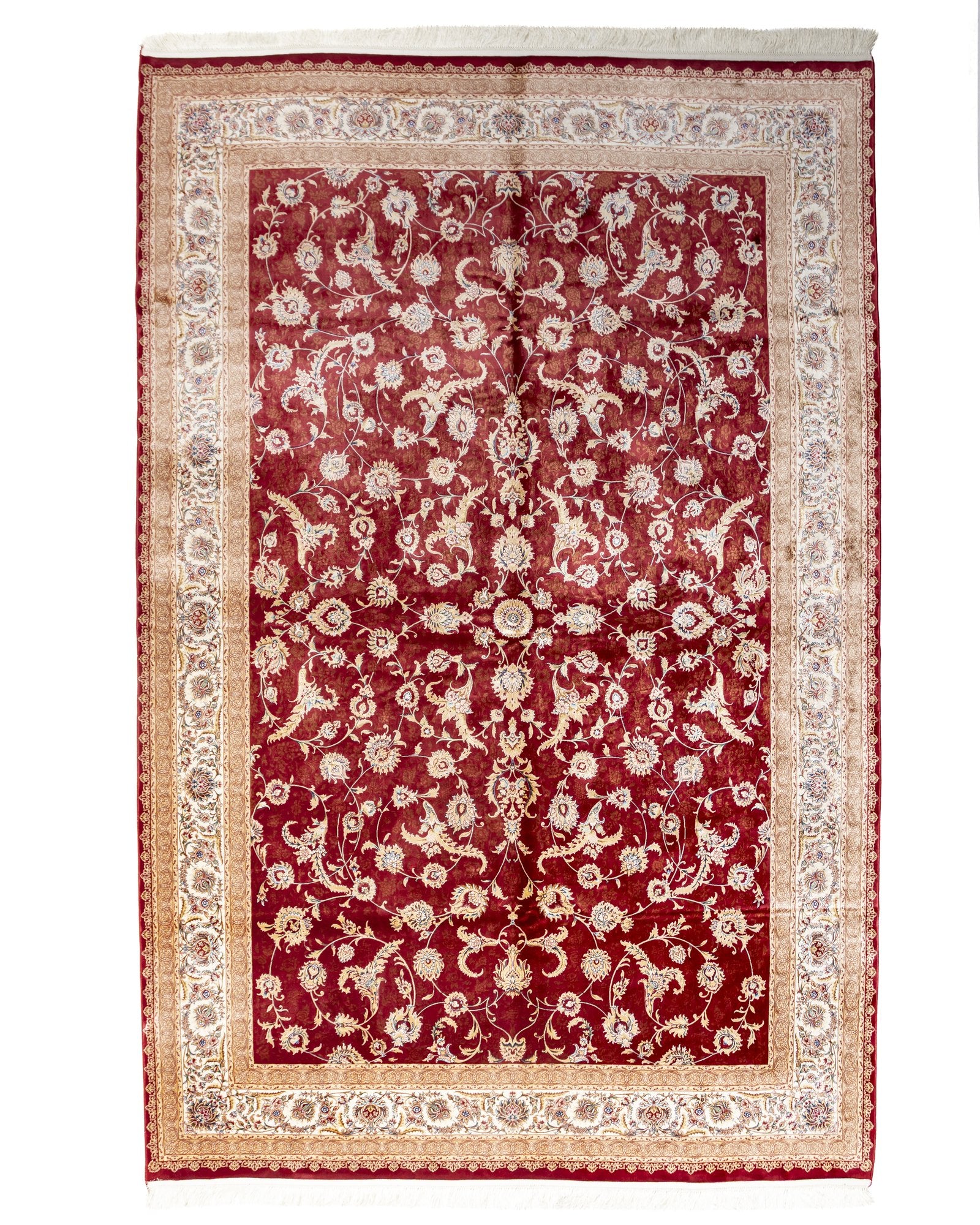 Ravenna Persian silk carpet 200 x 300 cm in crimson red, full overhead view - Tabeer Homes Dubai