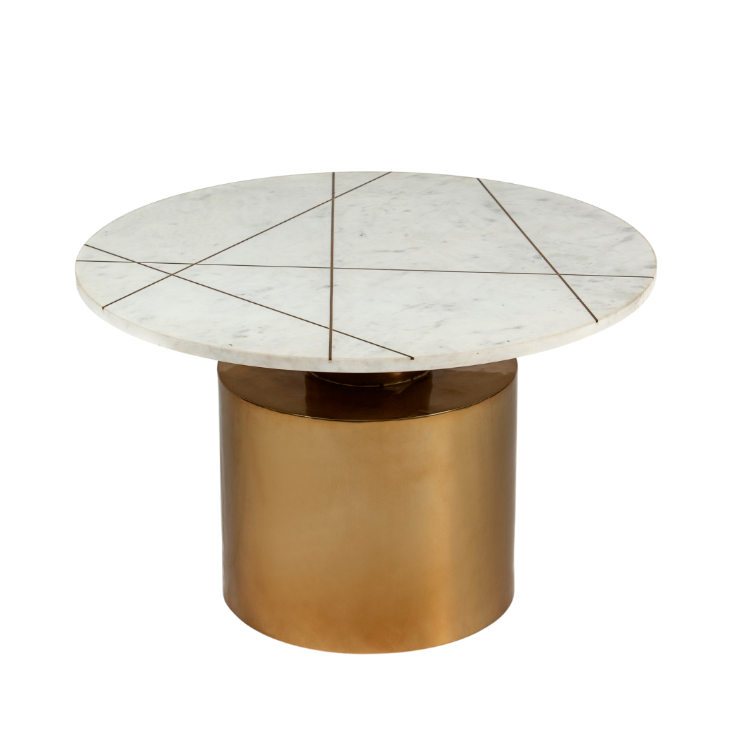 White marble coffee table with golden cylindrical base and linear inlay accents
