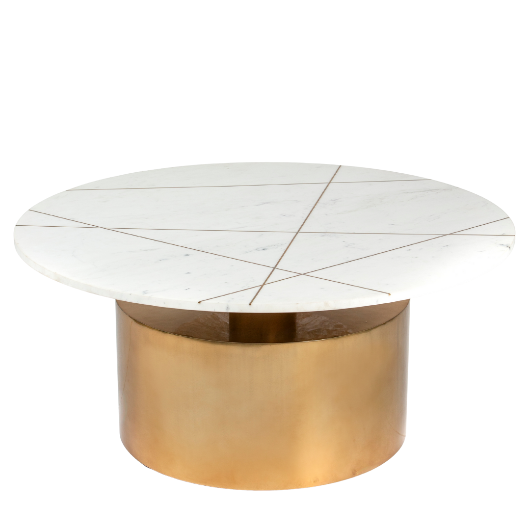 White marble coffee table with golden cylindrical base and linear inlay accents