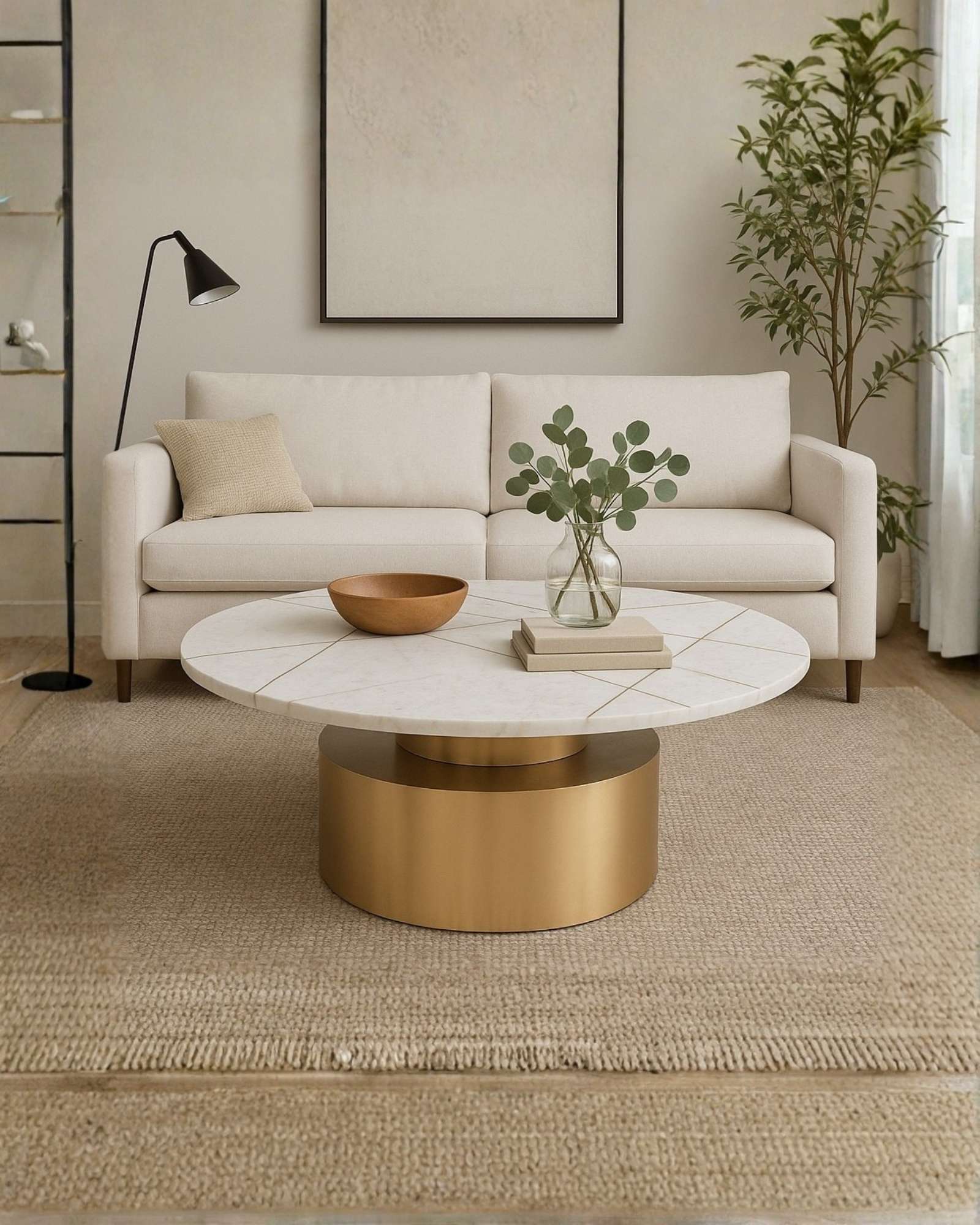 White marble coffee table with golden cylindrical base and linear inlay accents
