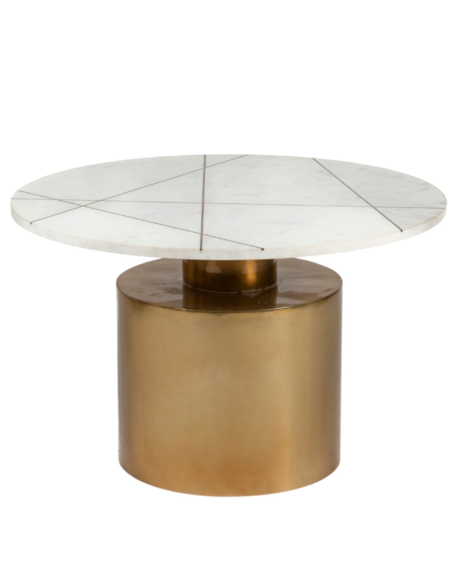 White marble coffee table with golden cylindrical base and linear inlay accents