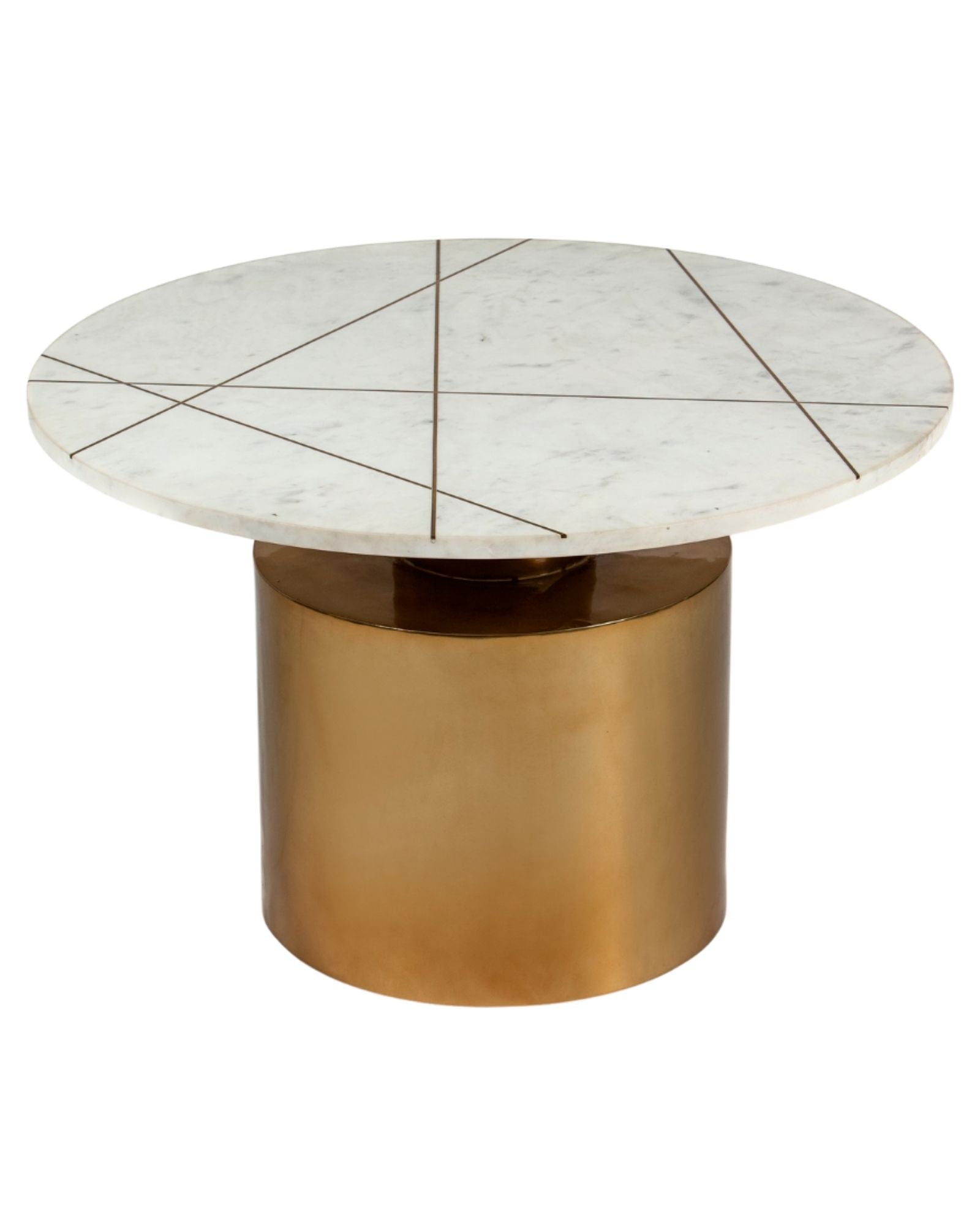 White marble coffee table with golden cylindrical base and linear inlay accents