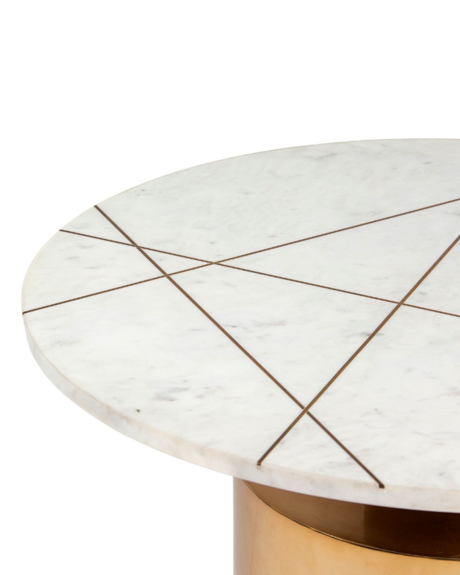 White marble coffee table with golden cylindrical base and linear inlay accents