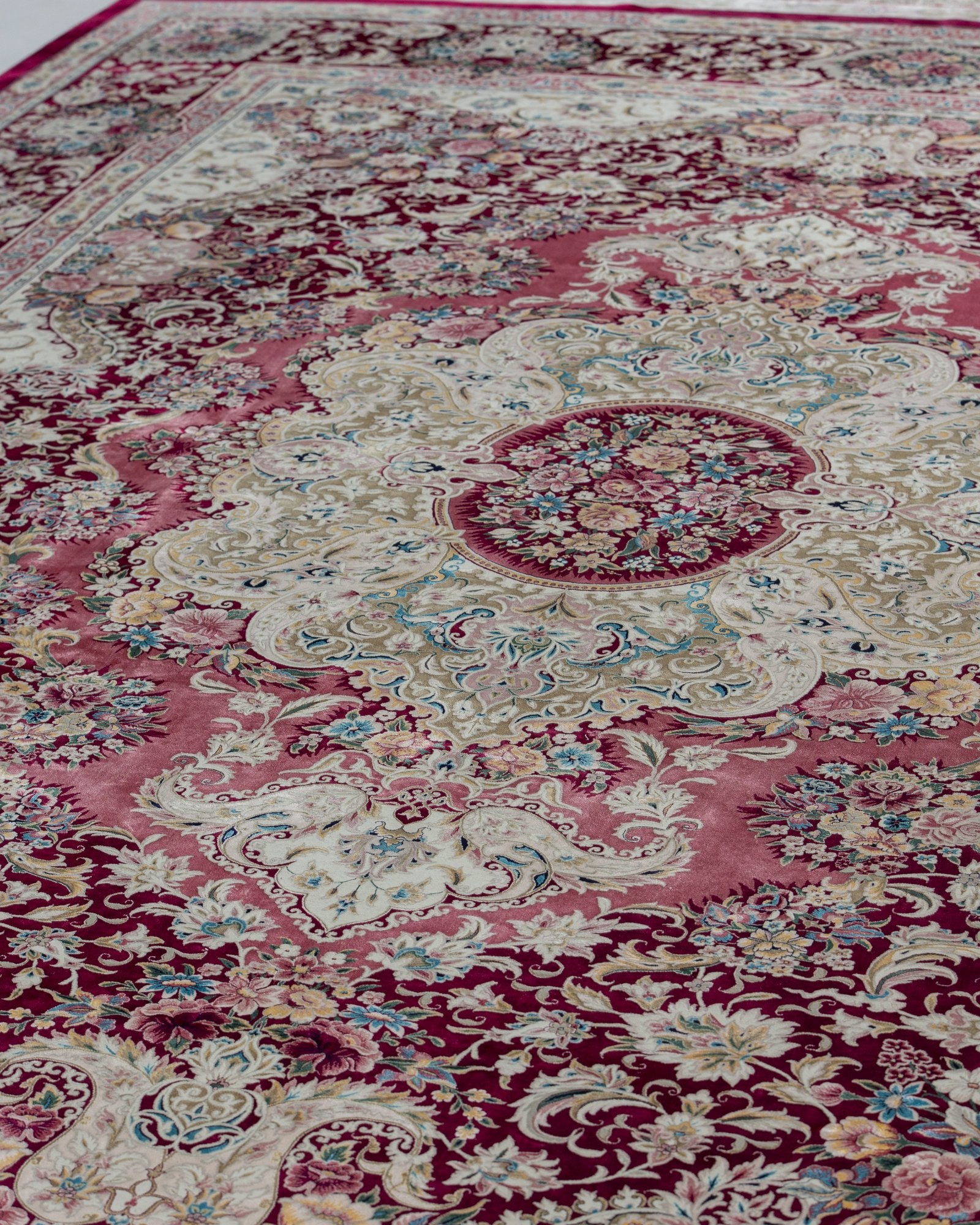Roshanak Persian silk carpet design detail in rose pink, 300 x 400 cm - Tabeer Homes Dubai