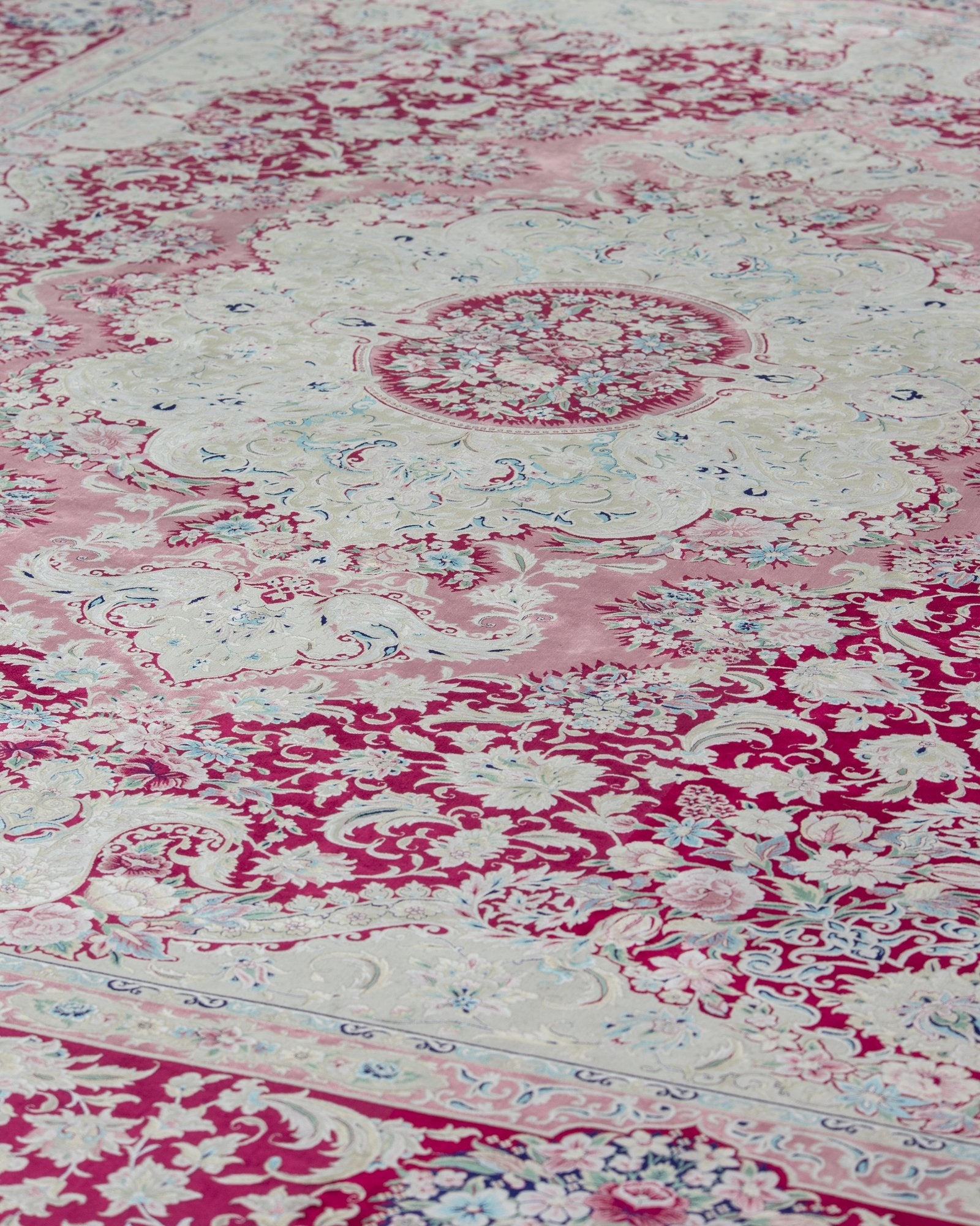 Roshanak silk carpet floral motif close-up in rose pink, 300 x 400 cm - Tabeer Homes Dubai