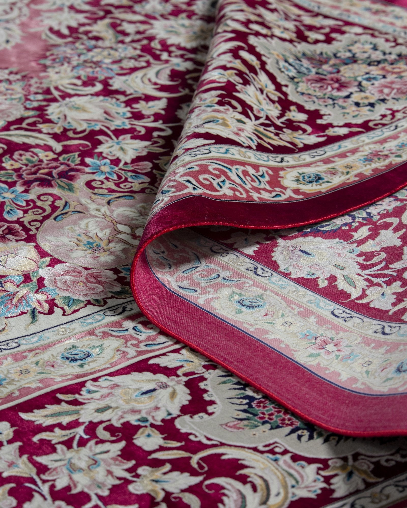 Roshanak Persian silk rug side view showing depth of colour, rose pink 300 x 400 cm - Tabeer Homes Dubai