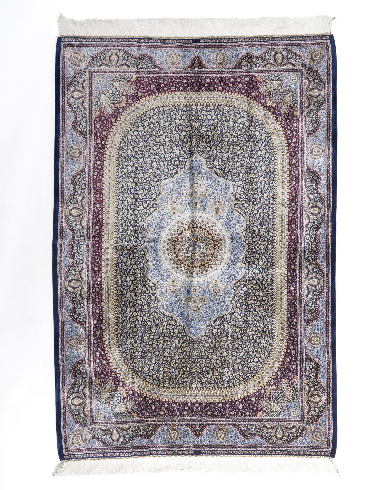 Roya sage green silk rug 150 x 100 cms with a plum border and central medallion