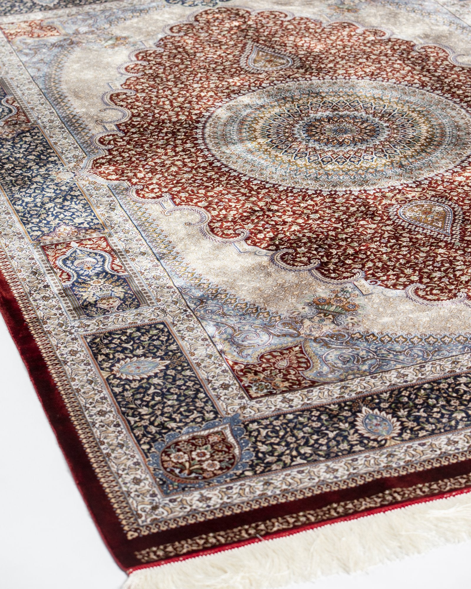Rubina Persian silk carpet design detail, red 225x150 cm - Tabeer Homes Dubai