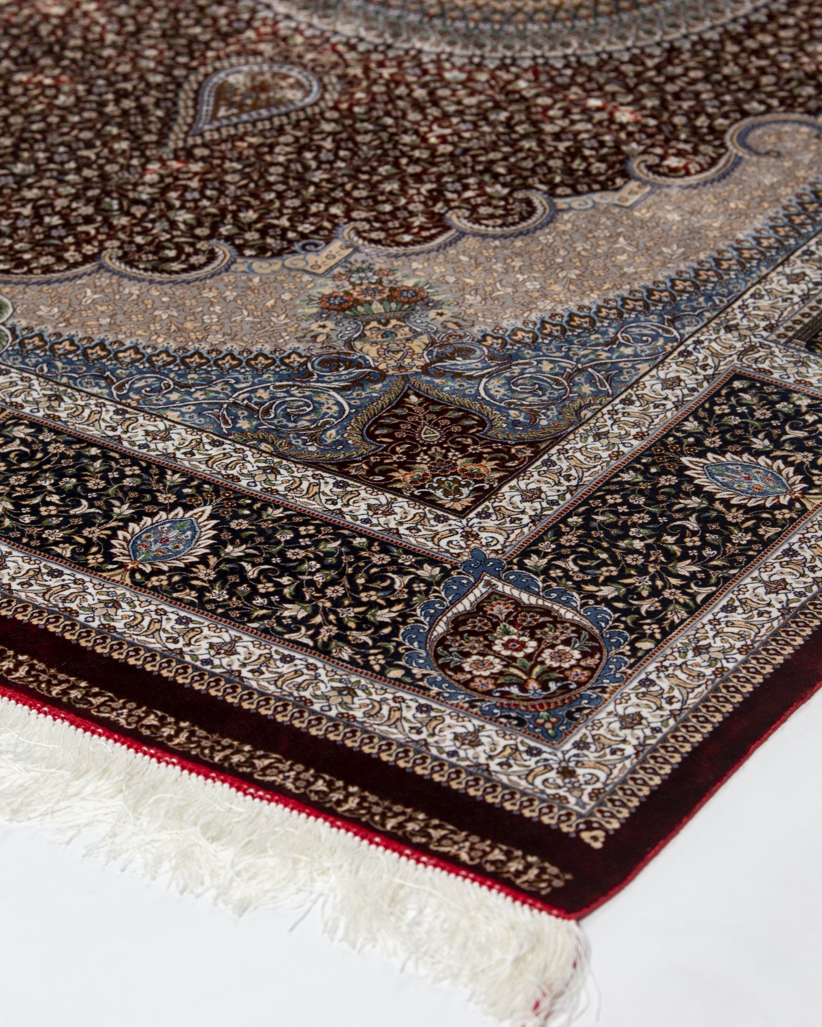 Rubina Persian silk carpet border and pattern detail, red 225x150 cm - Tabeer Homes Dubai