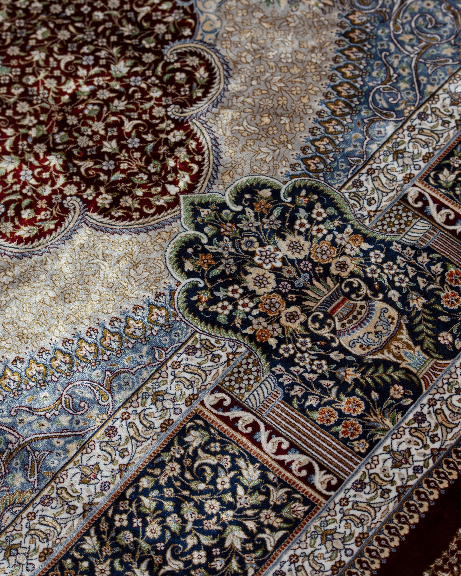 Rubina Persian silk carpet pile texture close-up, red 225x150 cm - Tabeer Homes Dubai