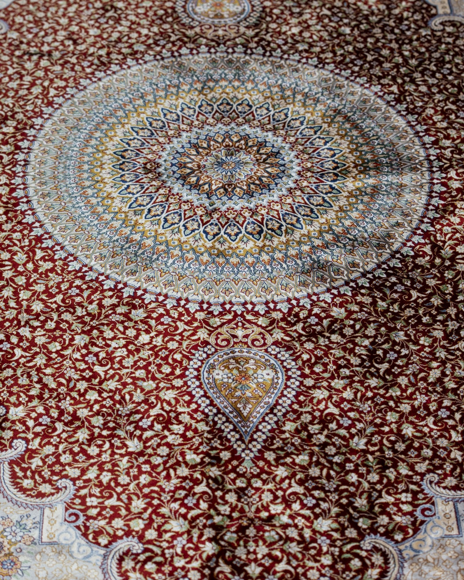 Rubina Persian silk carpet full angled view, red 225x150 cm - Tabeer Homes Dubai
