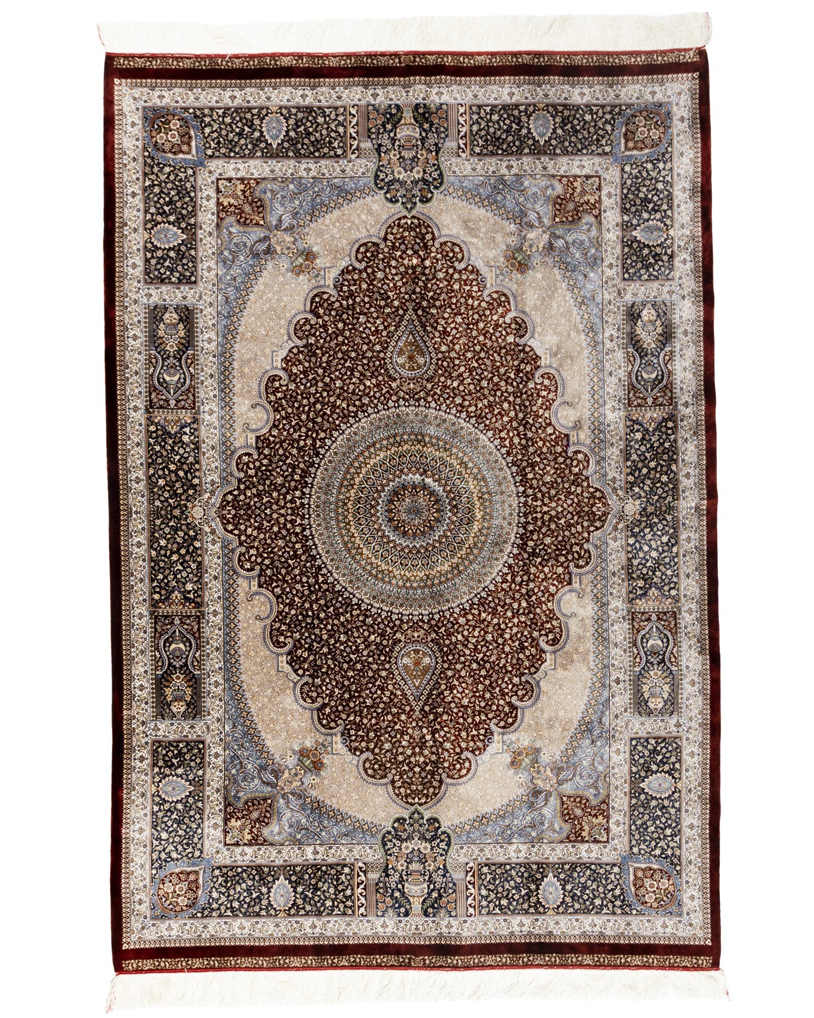 Rubina Persian silk carpet 225x150 cm in red, full overhead view - Tabeer Homes Dubai