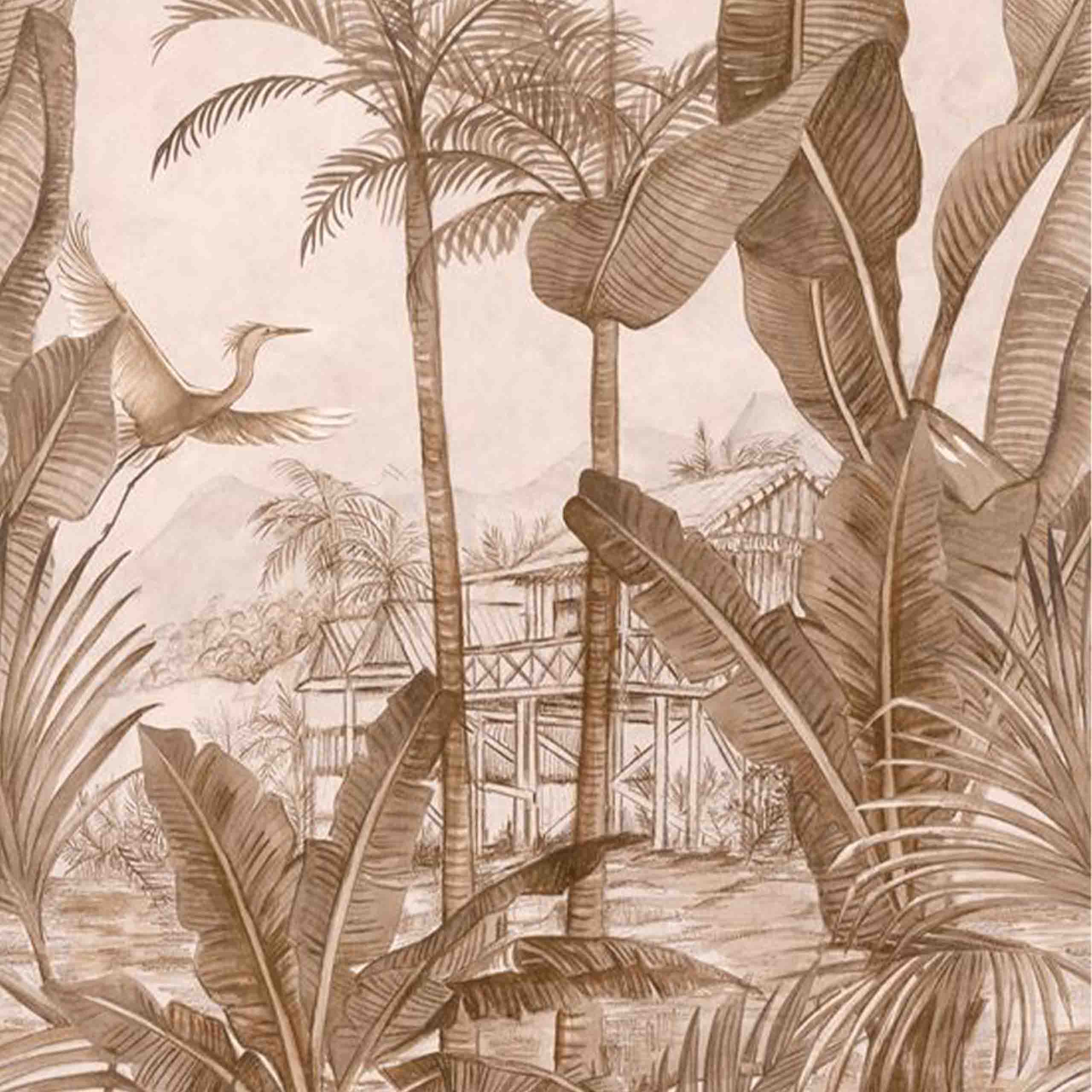 Close-up of the Safari wallpaper showcasing detailed brown botanical patterns, including palm trees and lush tropical plants. Ideal for modern interiors.