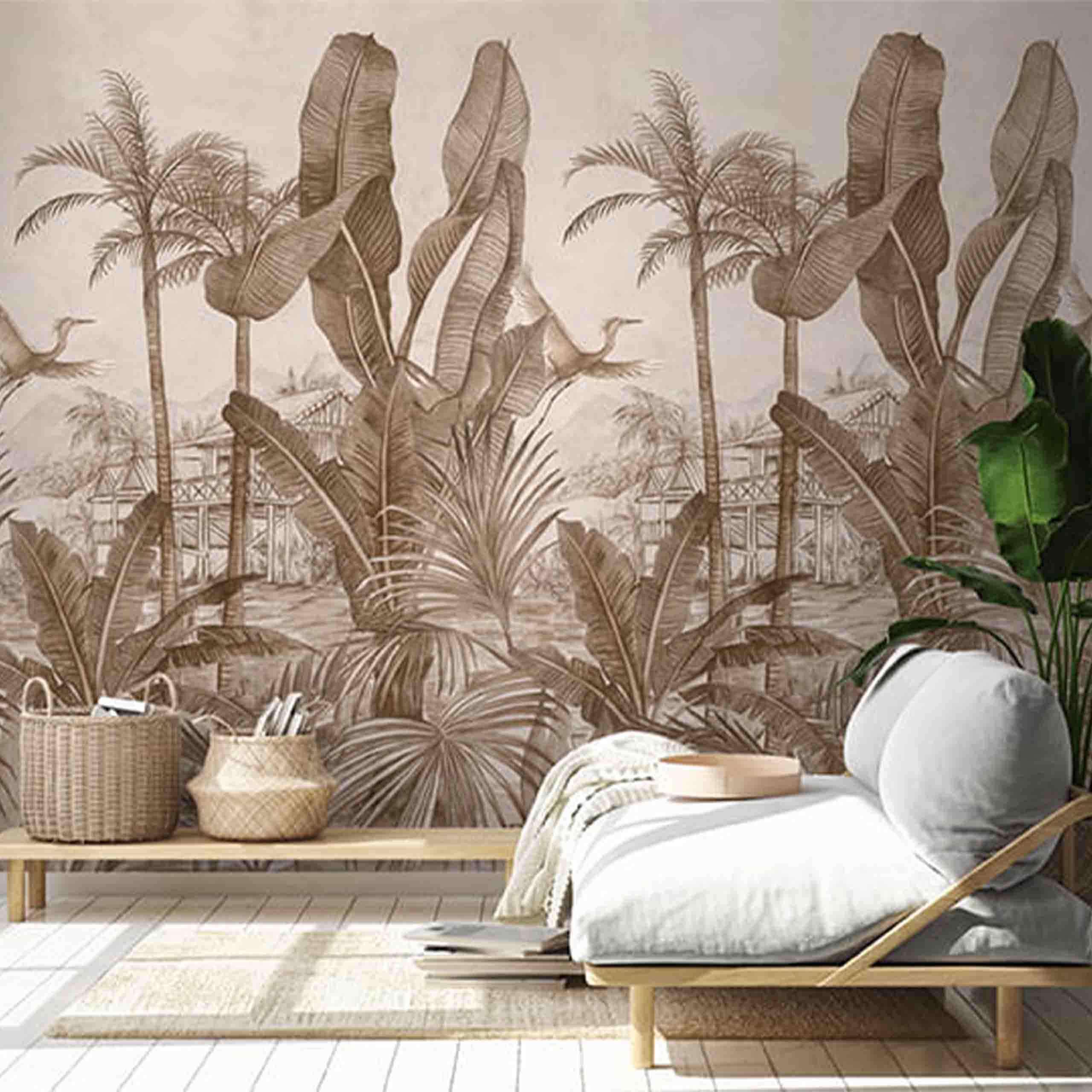 Room view of the Safari botanical design wallpaper featuring intricate brown palm trees and tropical foliage, perfect for a serene ambiance.