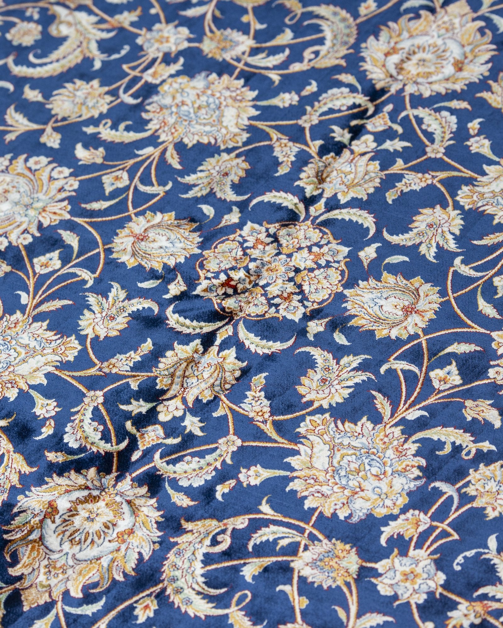 Sapphira Persian silk carpet pile texture close-up, royal blue 225x150 cm - Tabeer Homes Dubai