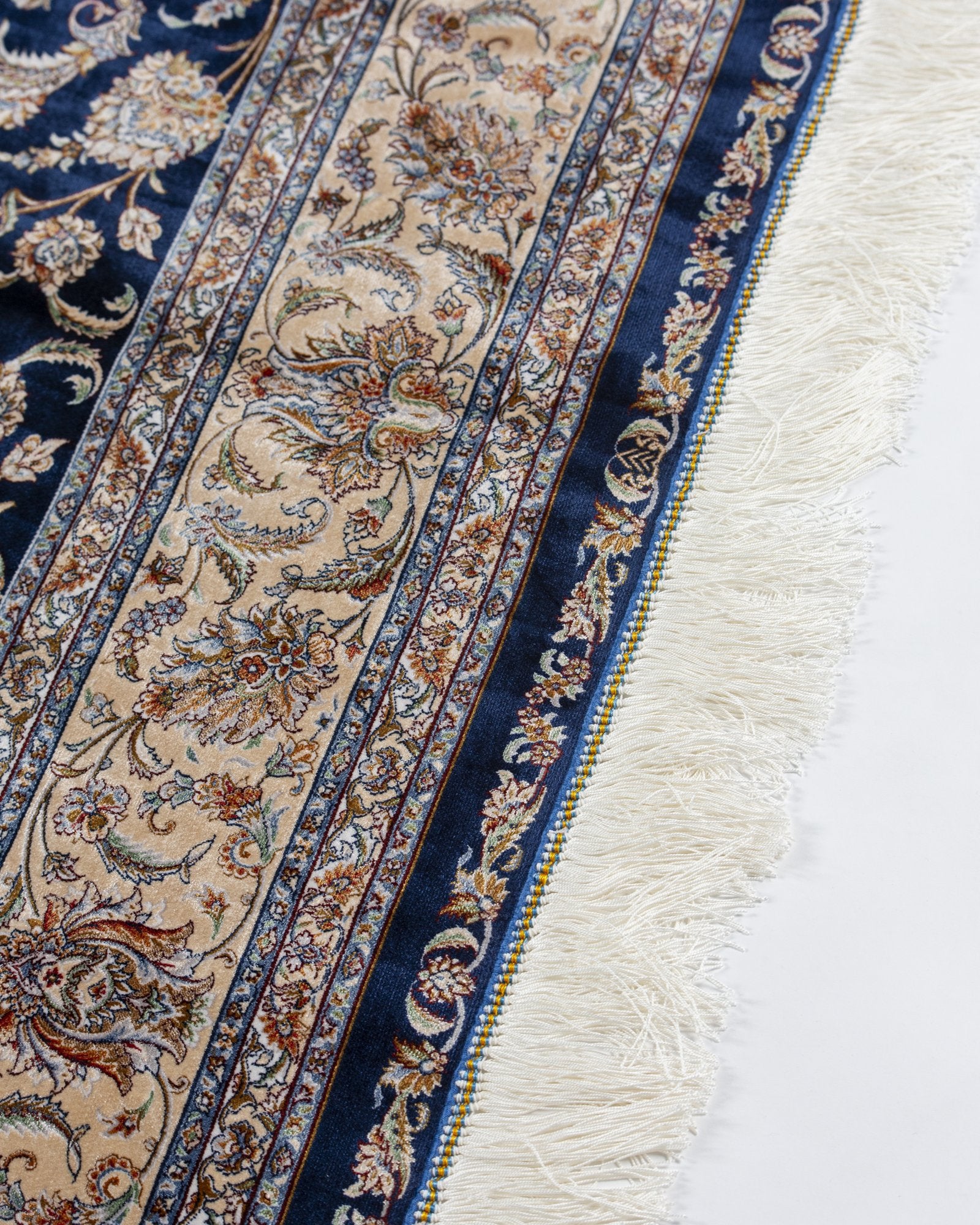 Sapphira Persian silk carpet full angled view, royal blue 225x150 cm - Tabeer Homes Dubai