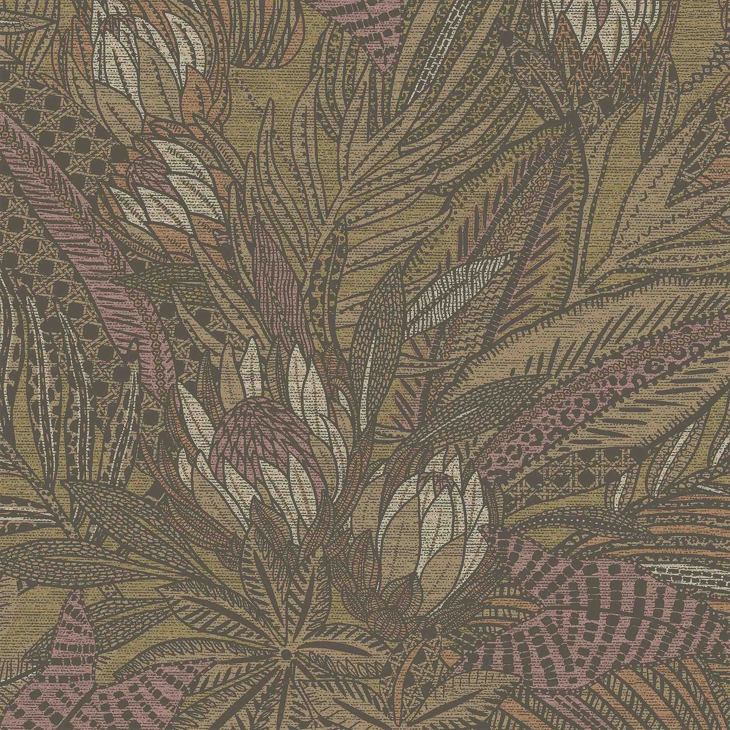 Detailed closeup of the Savanna wallpaper showcasing intricate botanical patterns in orange and yellow.