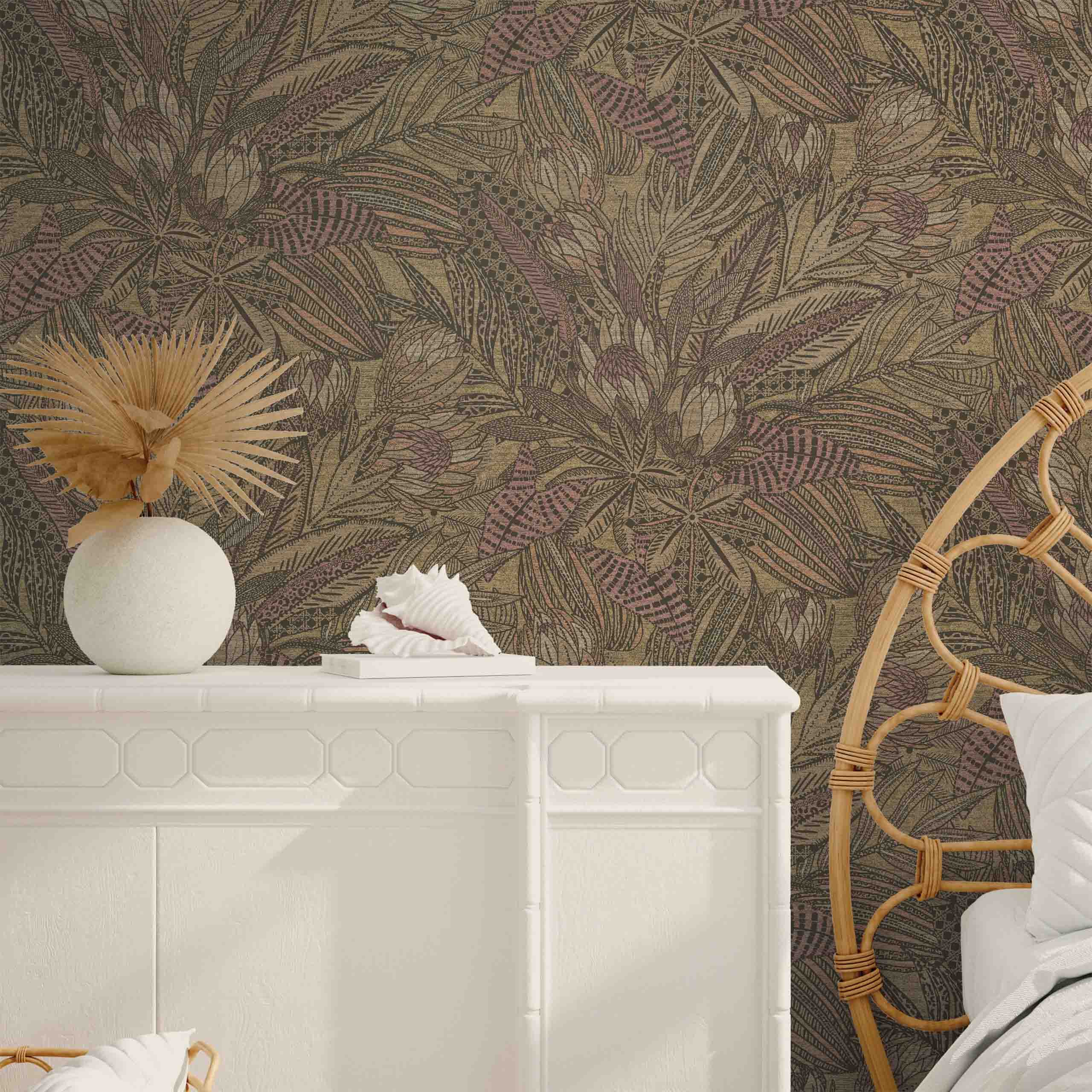 Elegant non-woven wallpaper with a botanical design featuring orange and yellow hues, styled in a bedroom setting.