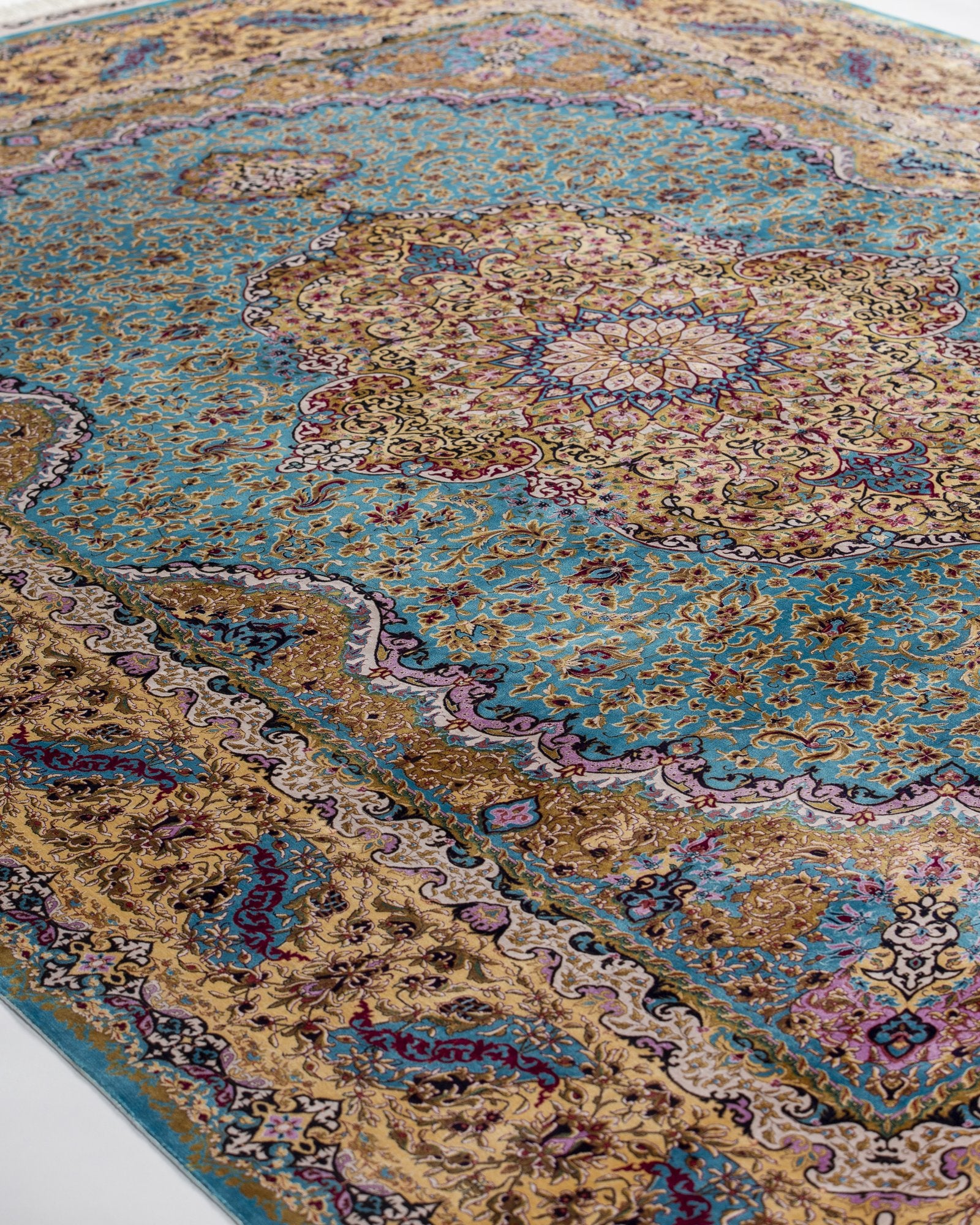 Sepideh Persian silk carpet design detail in celadon blue, 250 x 350 cm - Tabeer Homes Dubai