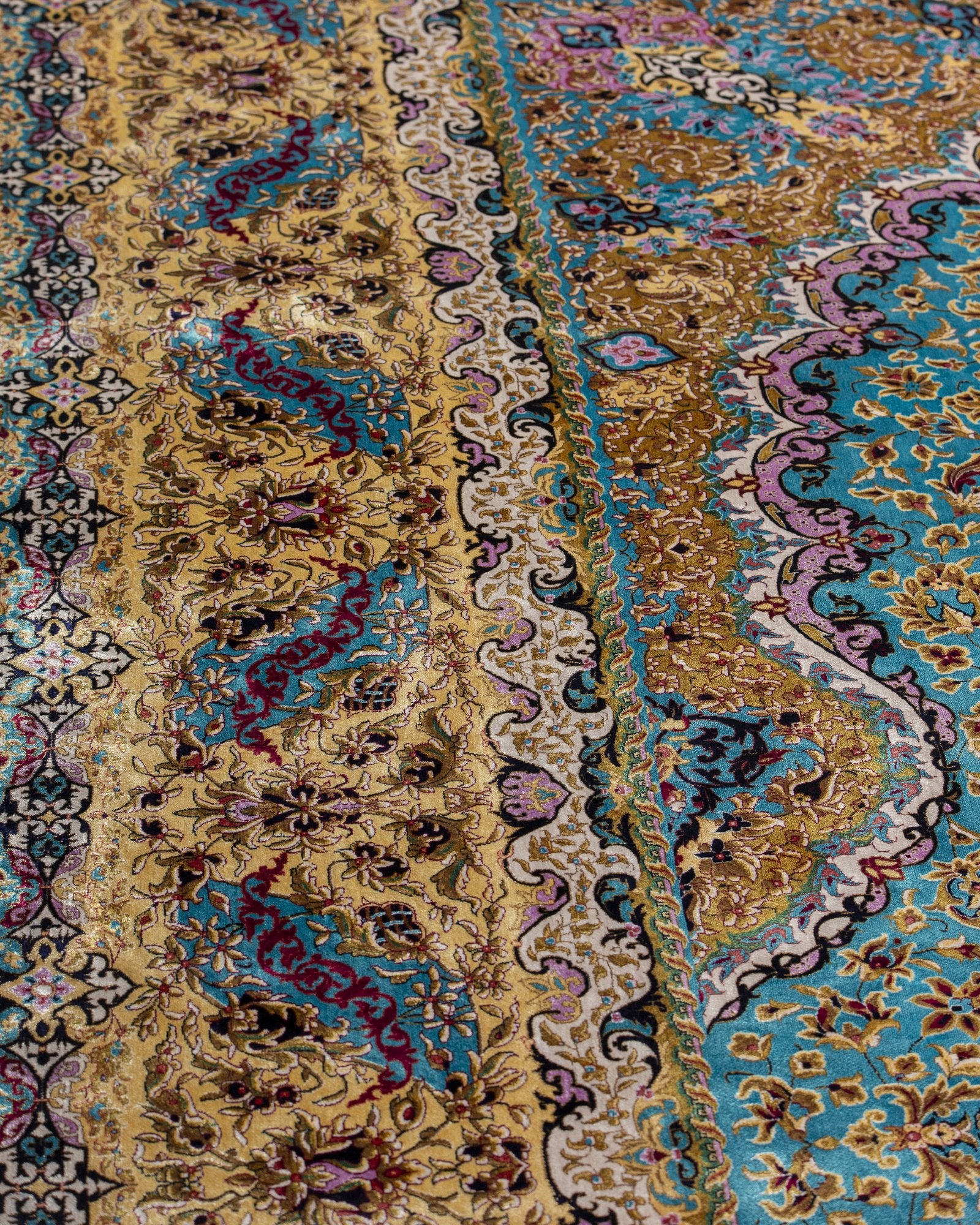 Sepideh Persian silk rug edge binding and back detail, celadon blue 250 x 350 cm - Tabeer Homes Dubai