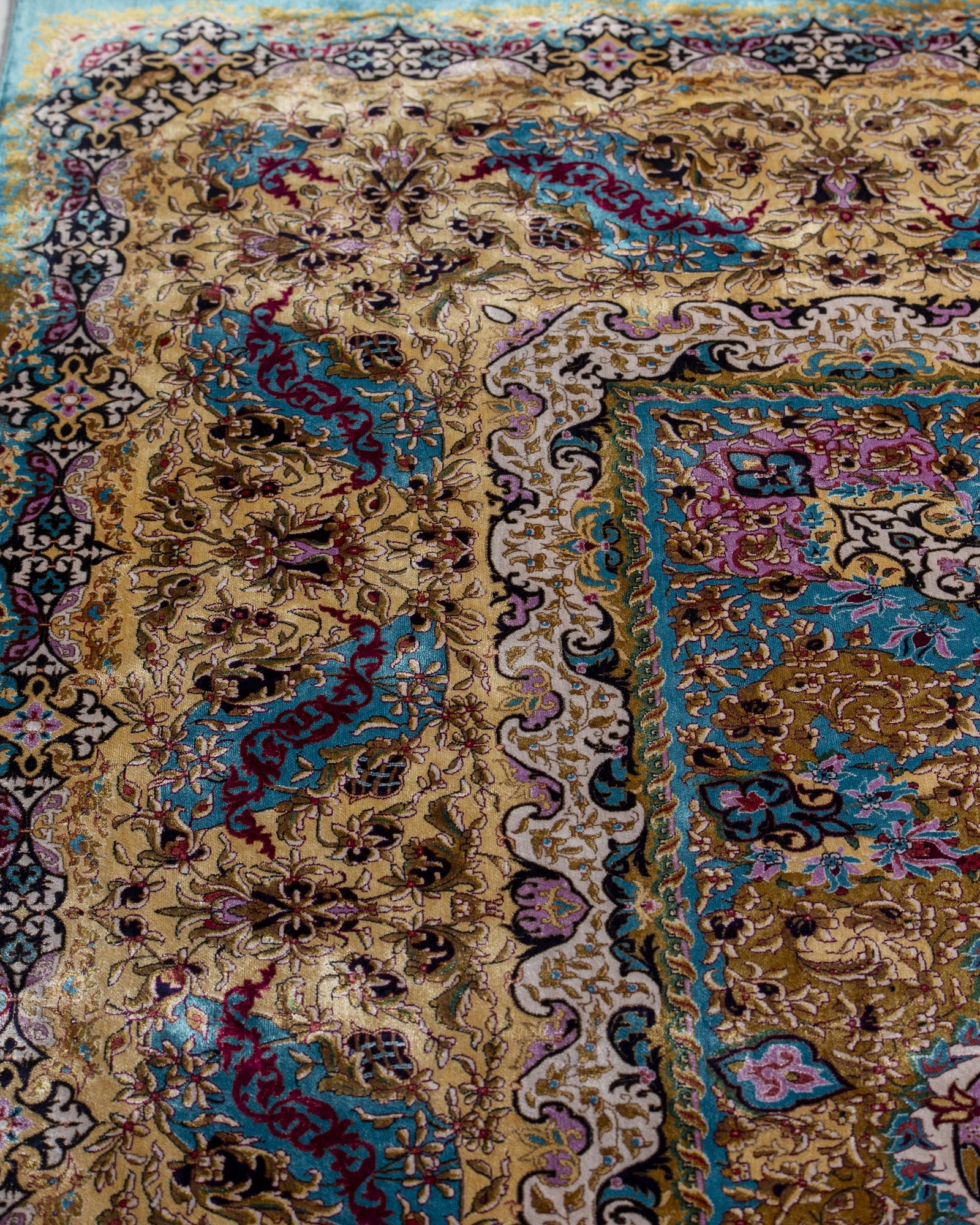 Sepideh silk carpet spandrel and guard border in celadon blue, 250 x 350 cm - Tabeer Homes Dubai