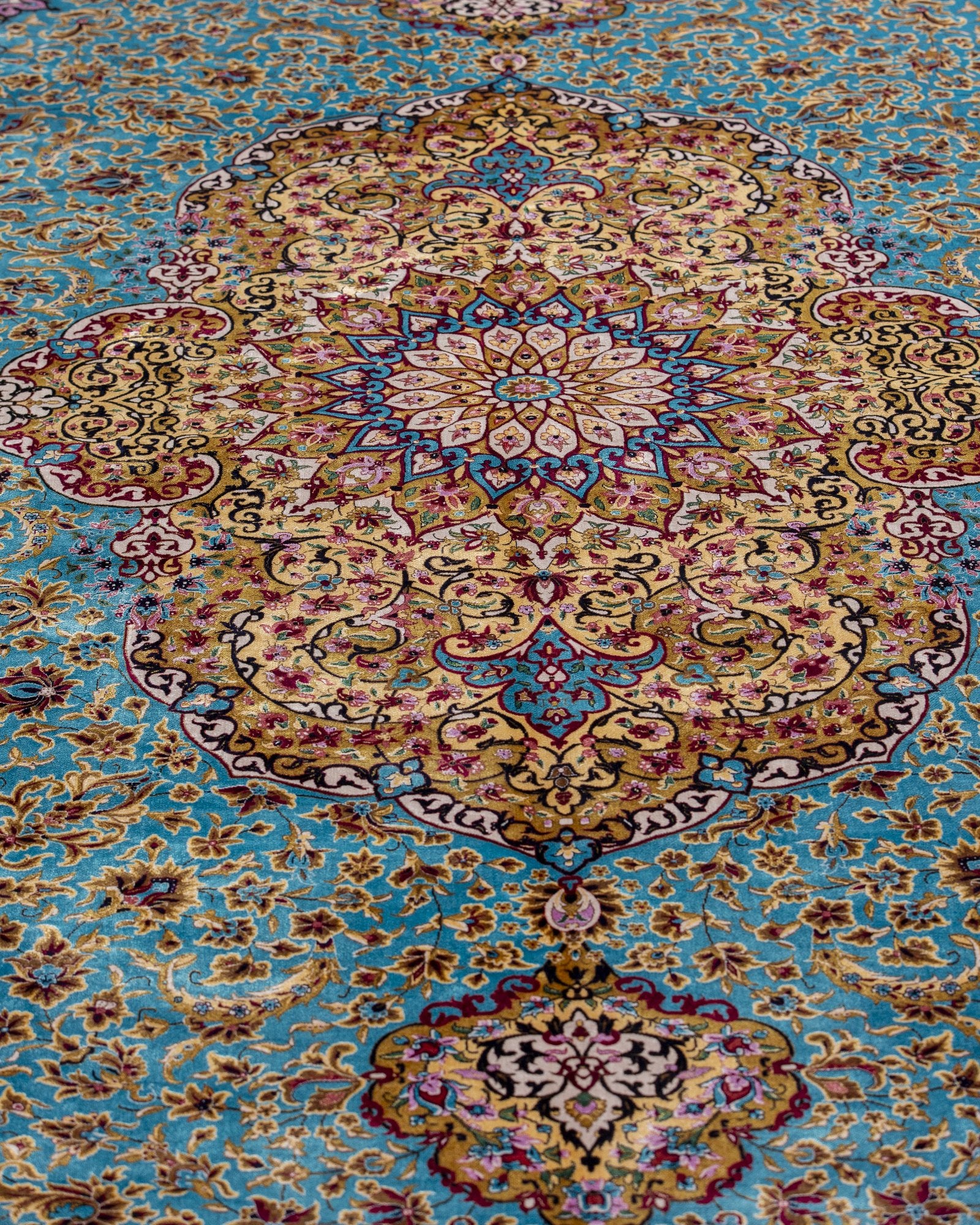 Sepideh Persian silk rug side view showing depth of colour, celadon blue 250 x 350 cm - Tabeer Homes Dubai