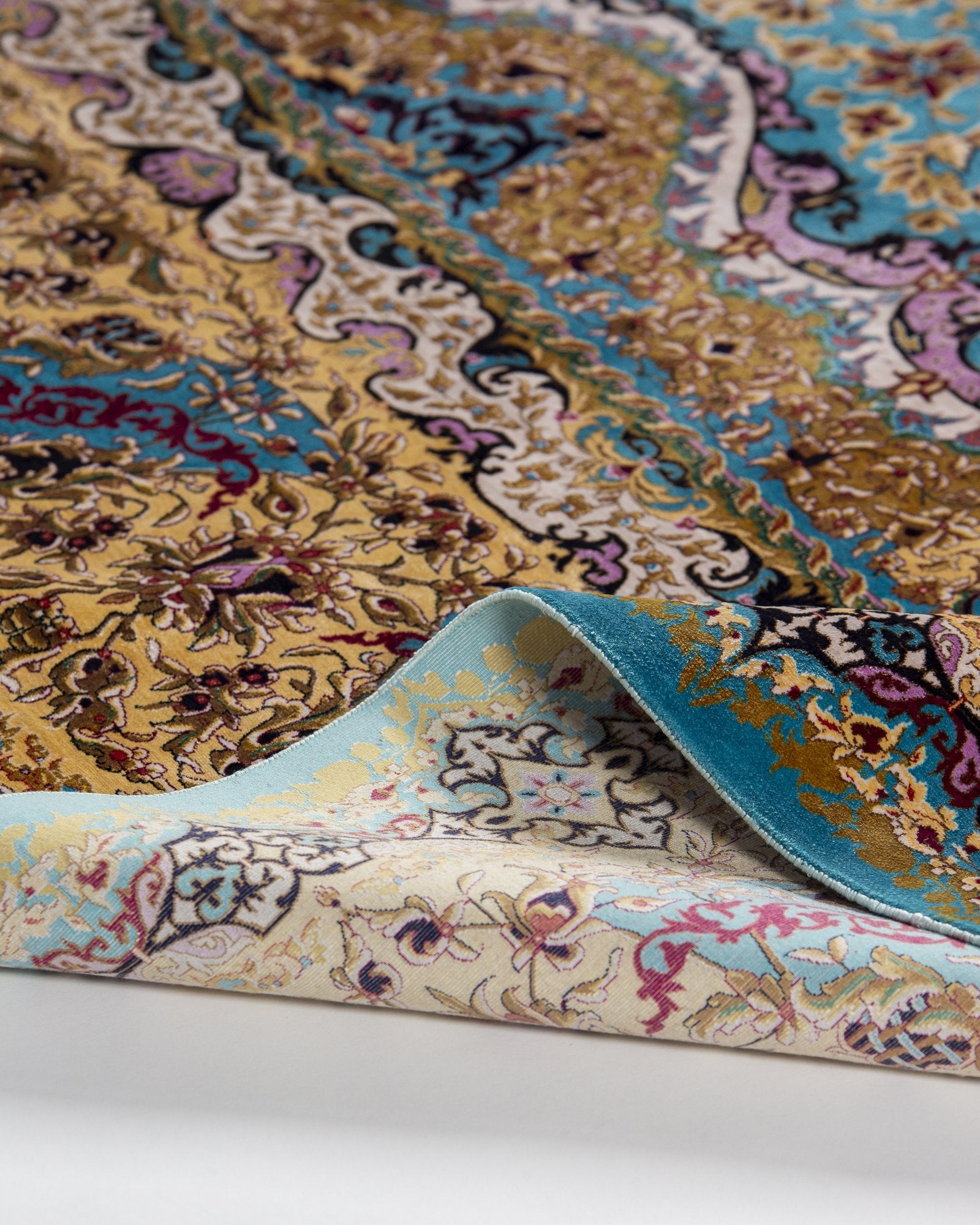 Sepideh Persian silk rug corner motif detail in celadon blue, 250 x 350 cm - Tabeer Homes Dubai