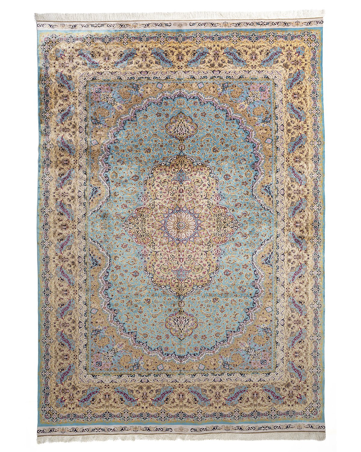 Sepideh Persian silk carpet 250 x 350 cm in celadon blue, full overhead view - Tabeer Homes Dubai