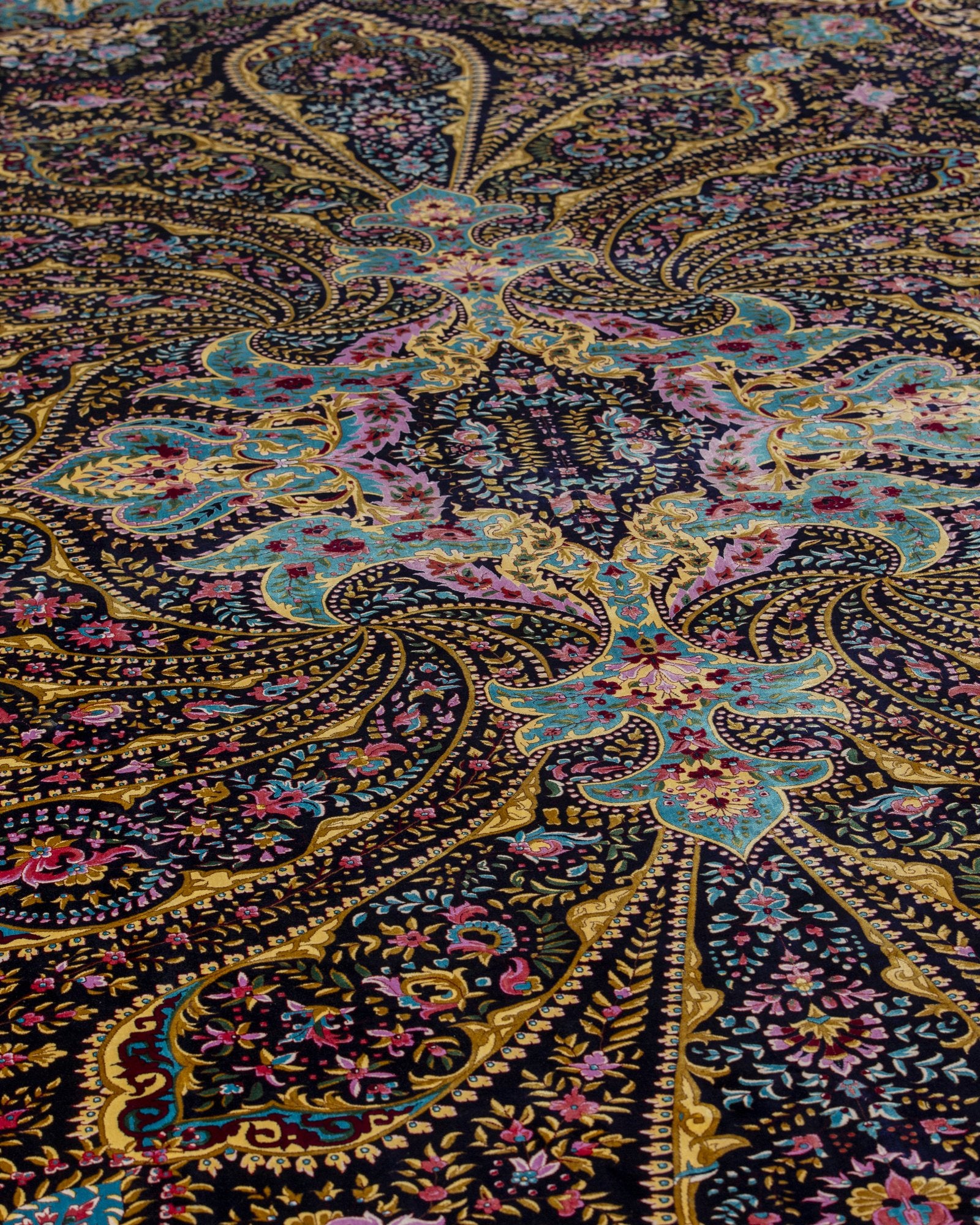 Serafina Persian silk carpet design detail in navy and sky blue, 300 x 400 cm - Tabeer Homes Dubai