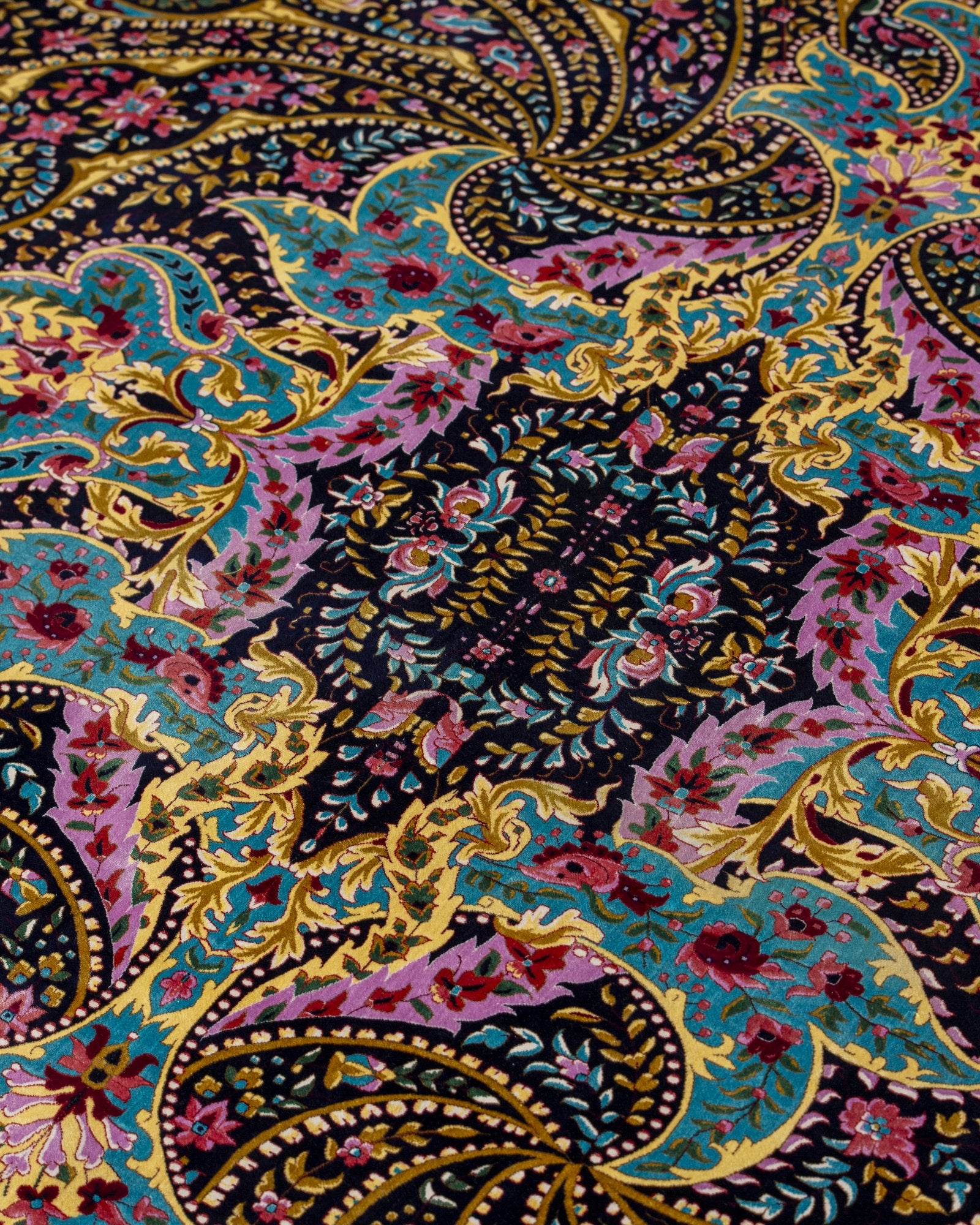Serafina silk carpet angled view showing navy and sky blue tones, 300 x 400 cm - Tabeer Homes Dubai