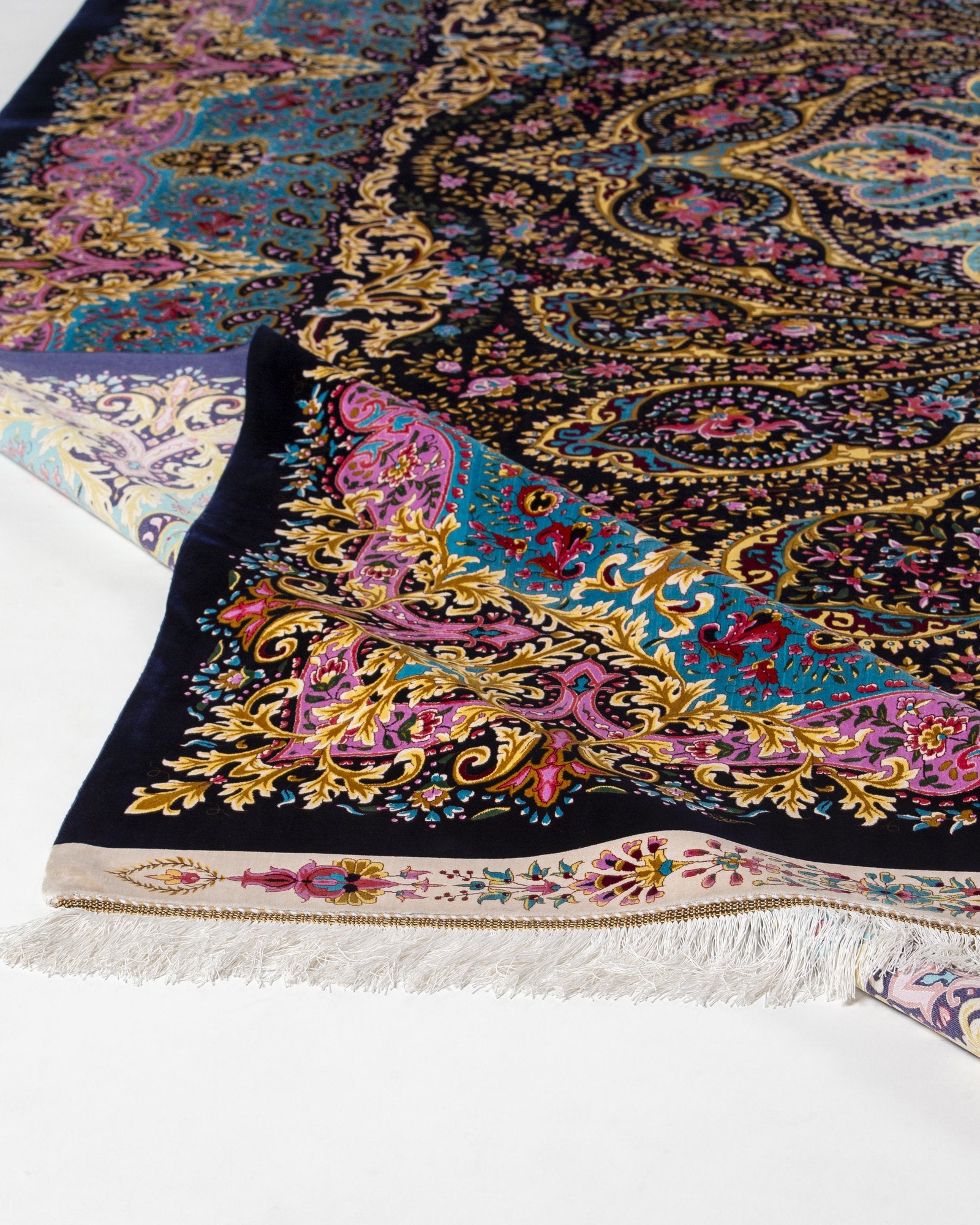 Serafina Persian silk rug side view showing depth of colour, navy and sky blue 300 x 400 cm - Tabeer Homes Dubai