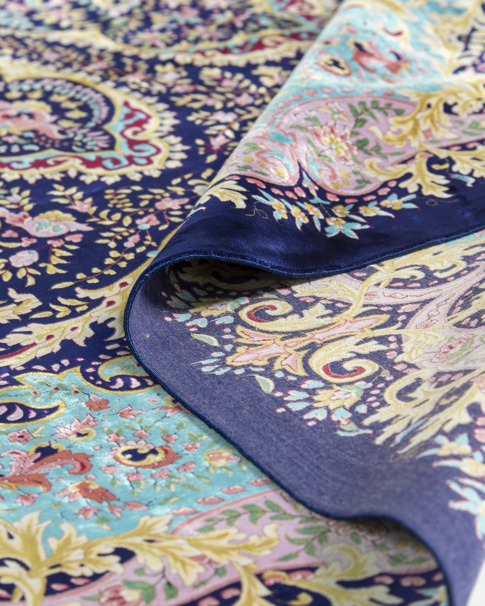 Serafina silk carpet draped fold showing silk lustre, navy and sky blue 300 x 400 cm - Tabeer Homes Dubai
