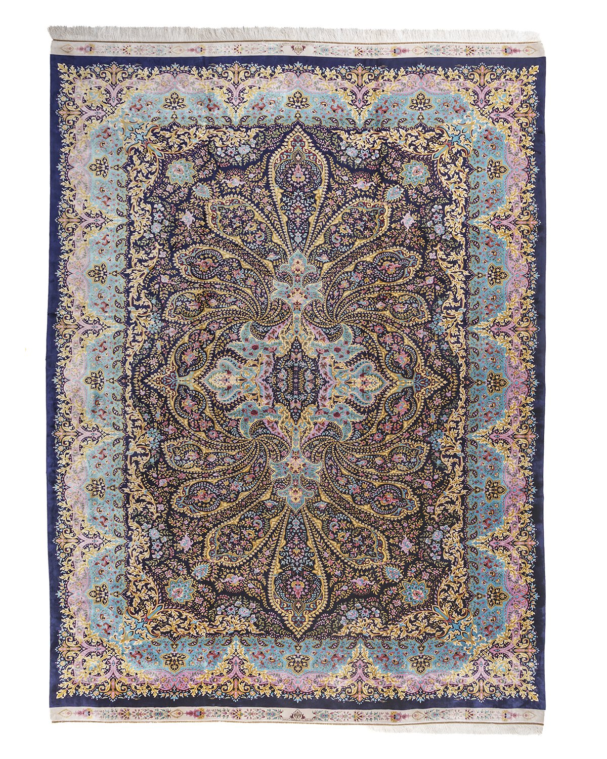 Serafina Persian silk carpet 300 x 400 cm in navy and sky blue, full overhead view - Tabeer Homes Dubai