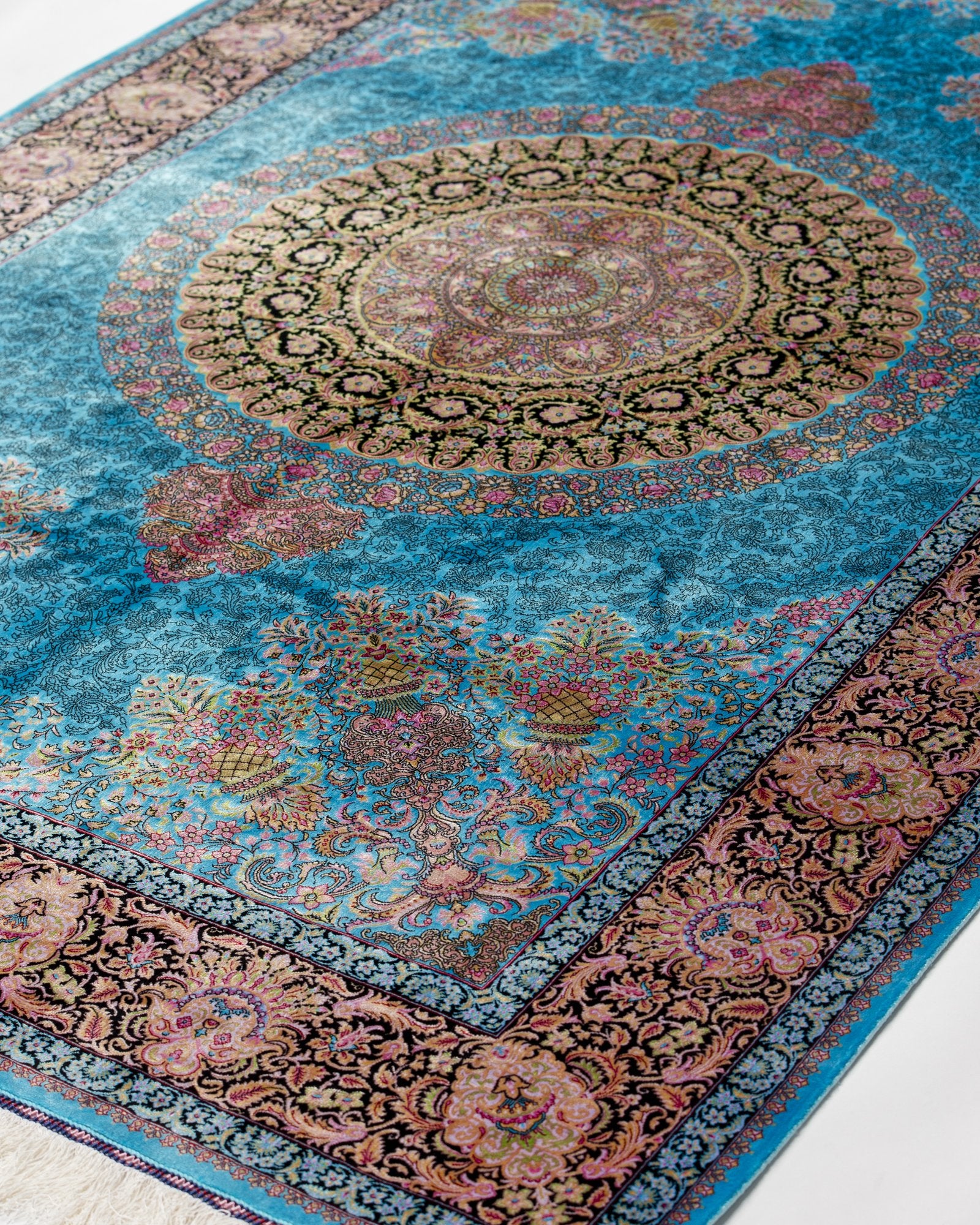 reverse showing the fine silk weave on the Serena turquoise silk rug