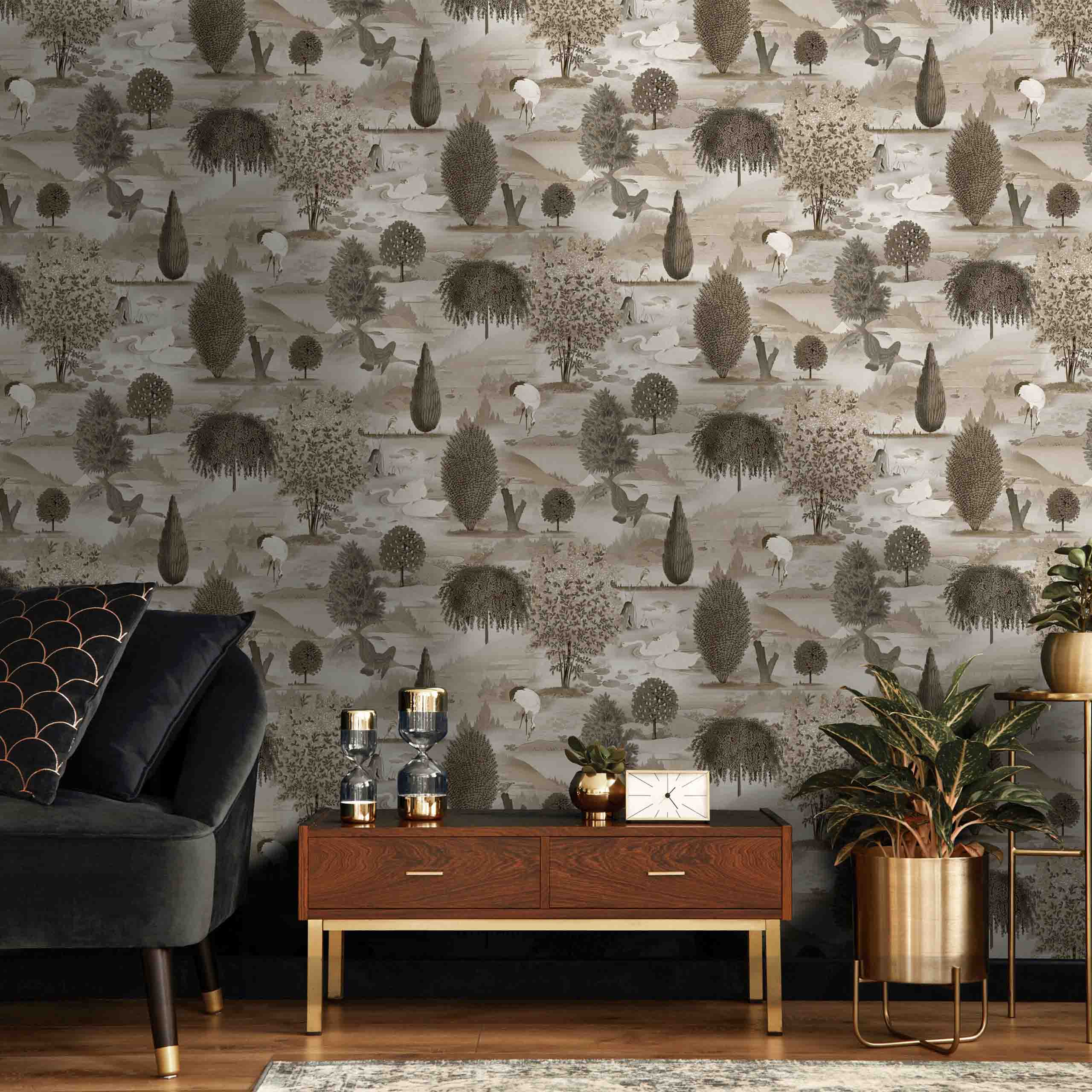 Sereno wallpaper displayed in a stylish living room, featuring soft botanical and bird motifs in soothing green and light brown hues. 