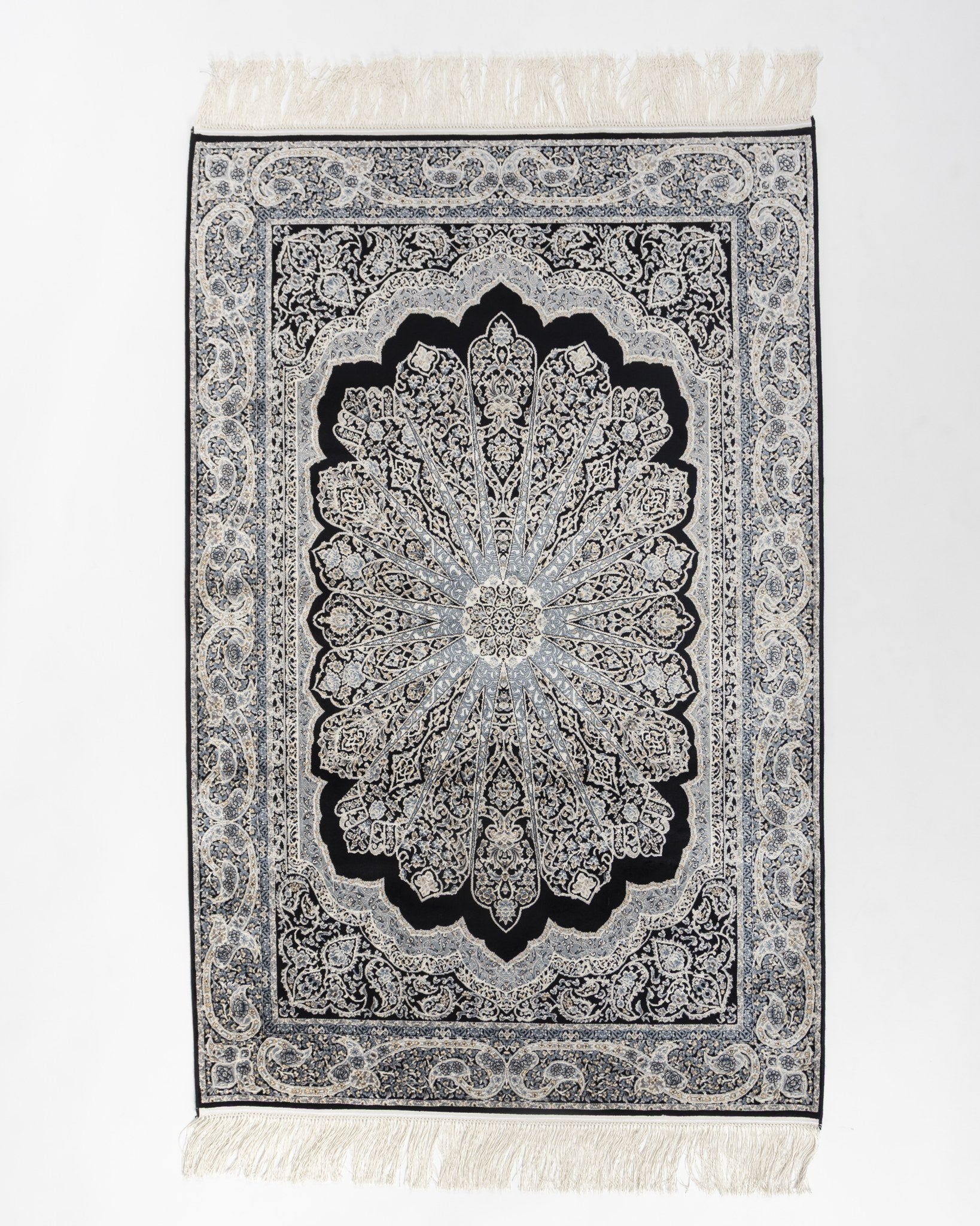 Shabnam black silk rug 150 x 100 cms with a silver oval starburst medallion