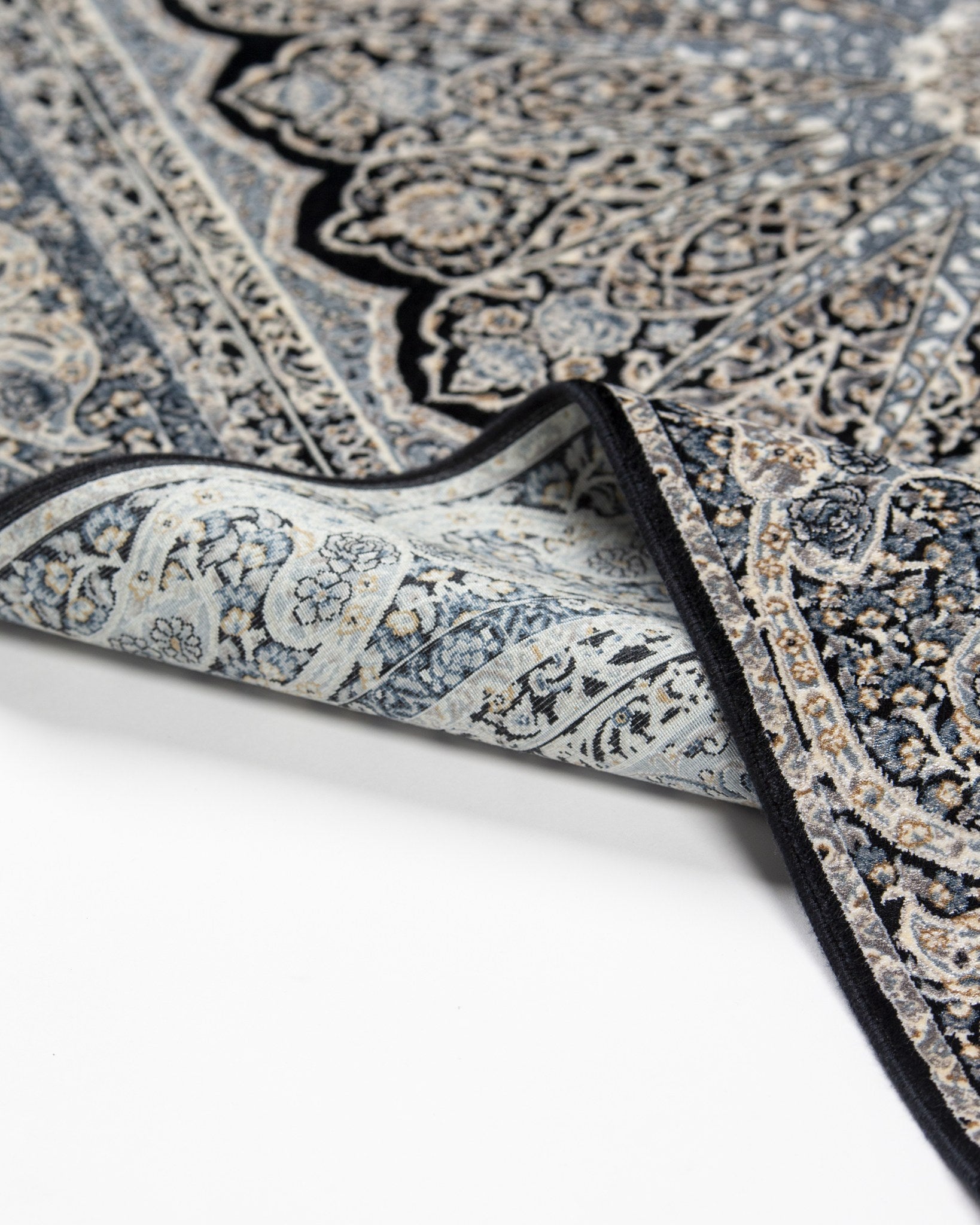 Corner detail of the Shabnam black silk rug