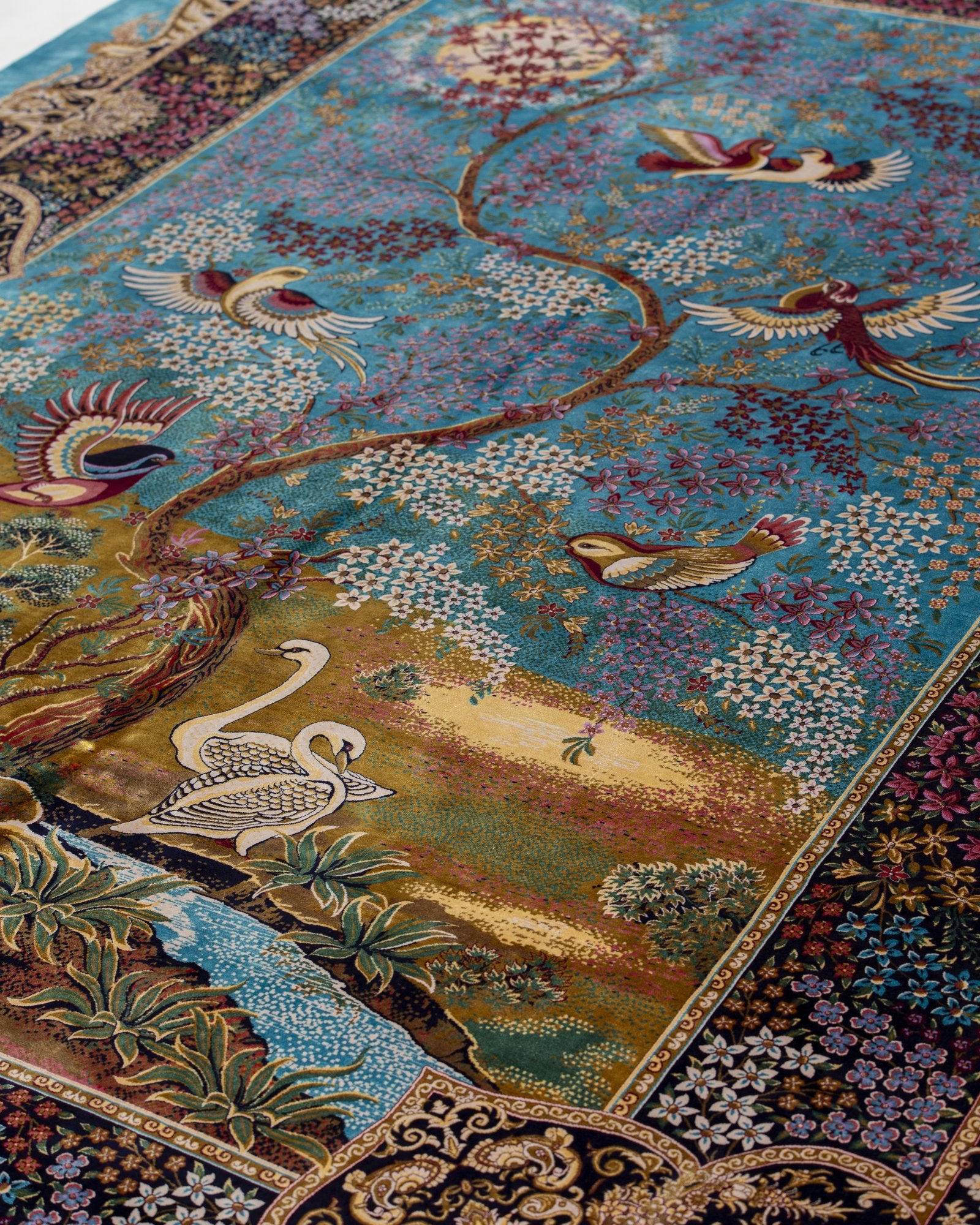 Shahnaz Persian silk carpet design detail in turquoise, 200 x 300 cm - Tabeer Homes Dubai