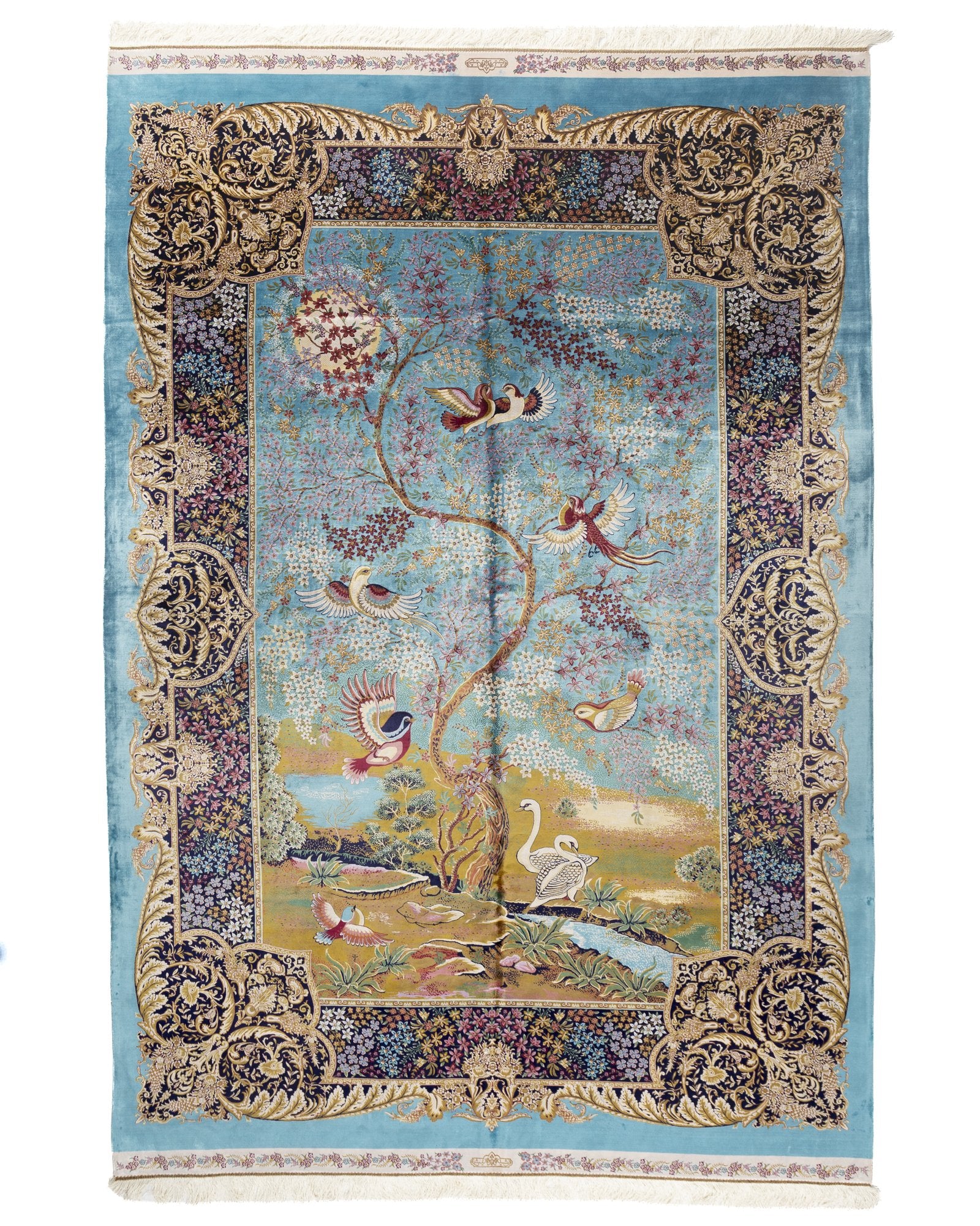 Shahnaz Persian silk carpet 200 x 300 cm in turquoise, full overhead view - Tabeer Homes Dubai