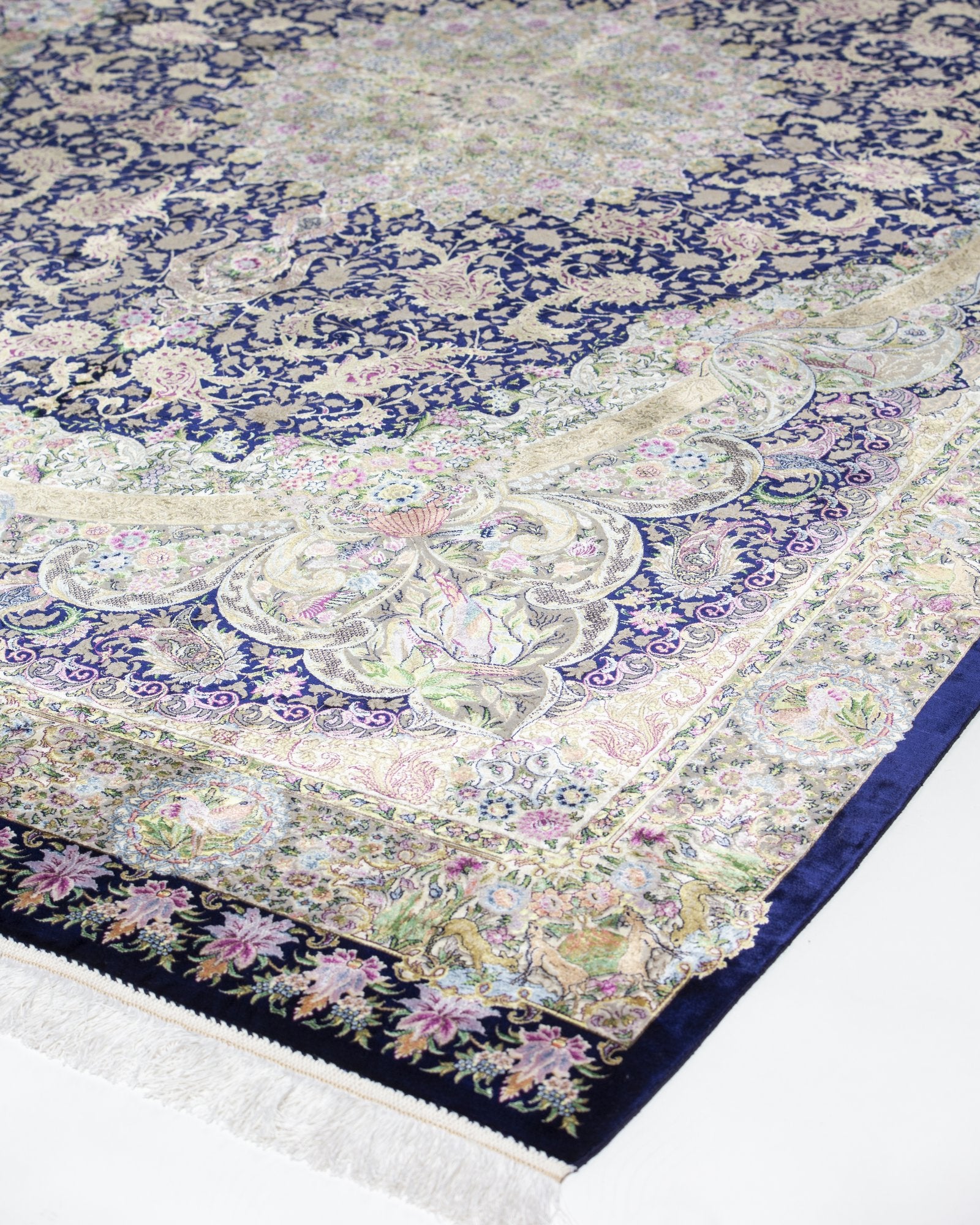Shahrzad Persian silk and wool carpet design detail in navy blue, 200 x 300 cm - Tabeer Homes Dubai