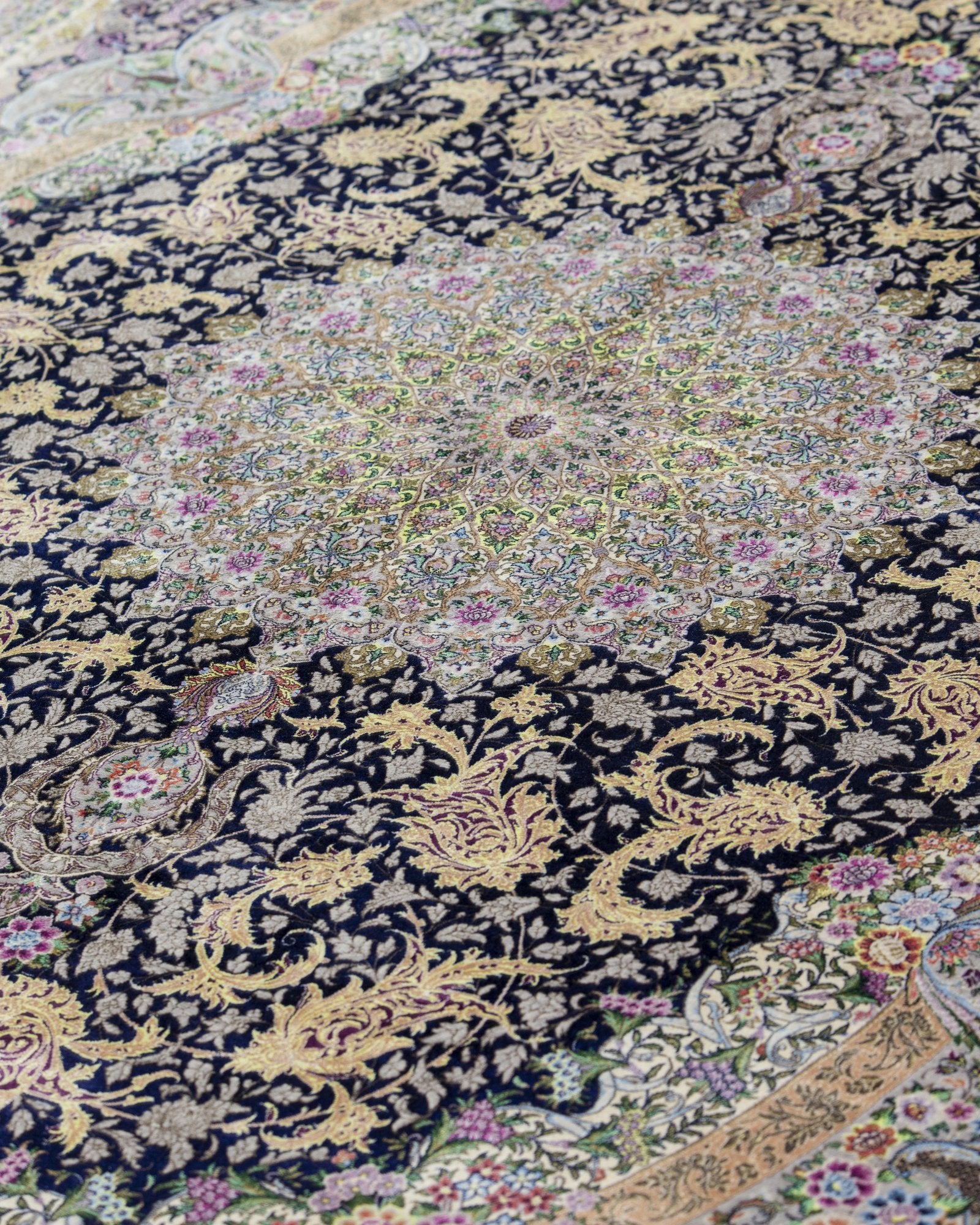 Shahrzad silk and wool carpet floral motif close-up in navy blue, 200 x 300 cm - Tabeer Homes Dubai