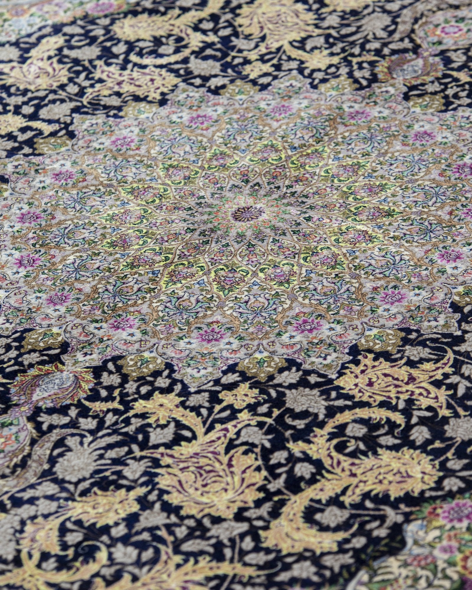 Shahrzad Persian silk and wool rug folded corner showing fine weave, navy blue 200 x 300 cm - Tabeer Homes Dubai